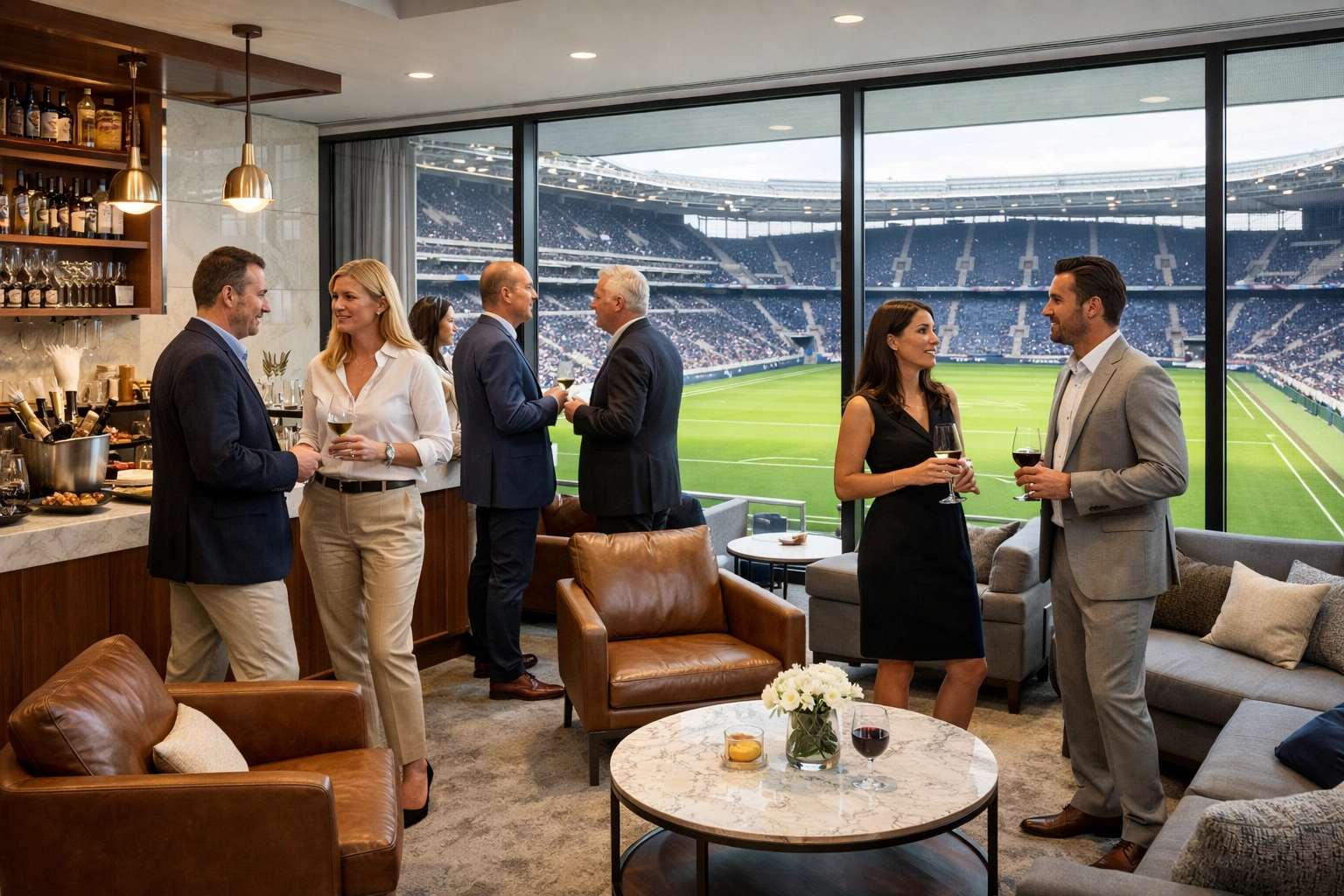 High-end Super Bowl corporate hospitality suite for VIP networking and strategic brand visibility.