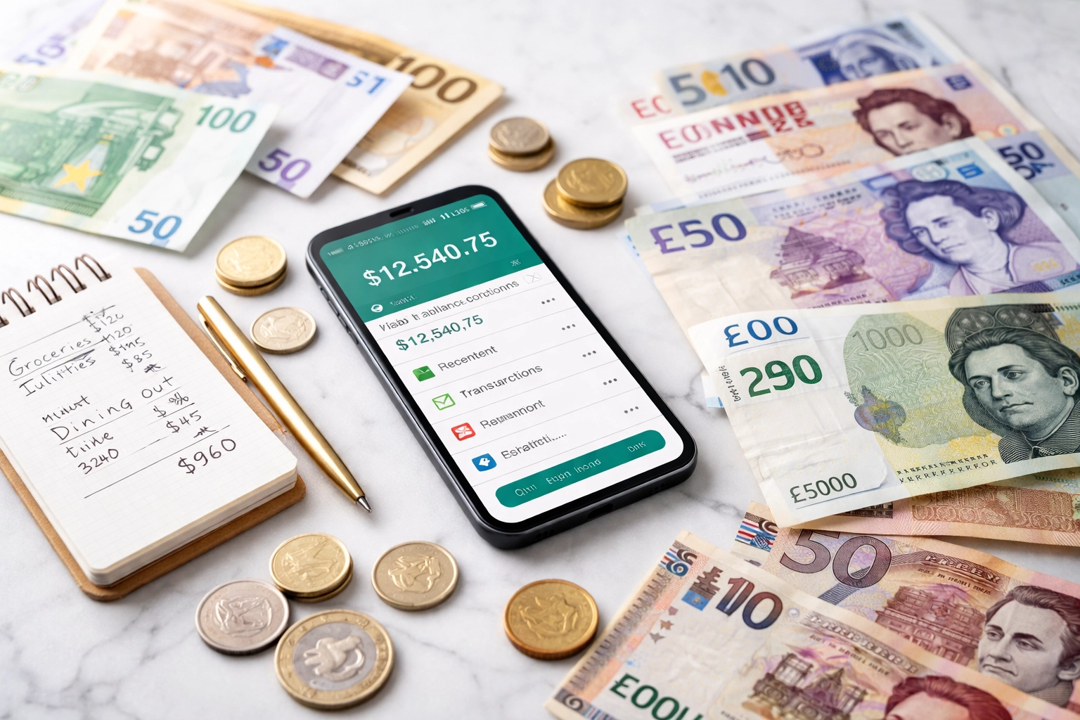Foreign currencies, smartphone, and notebook on marble desk, symbolizing international financial account reporting and FBAR compliance