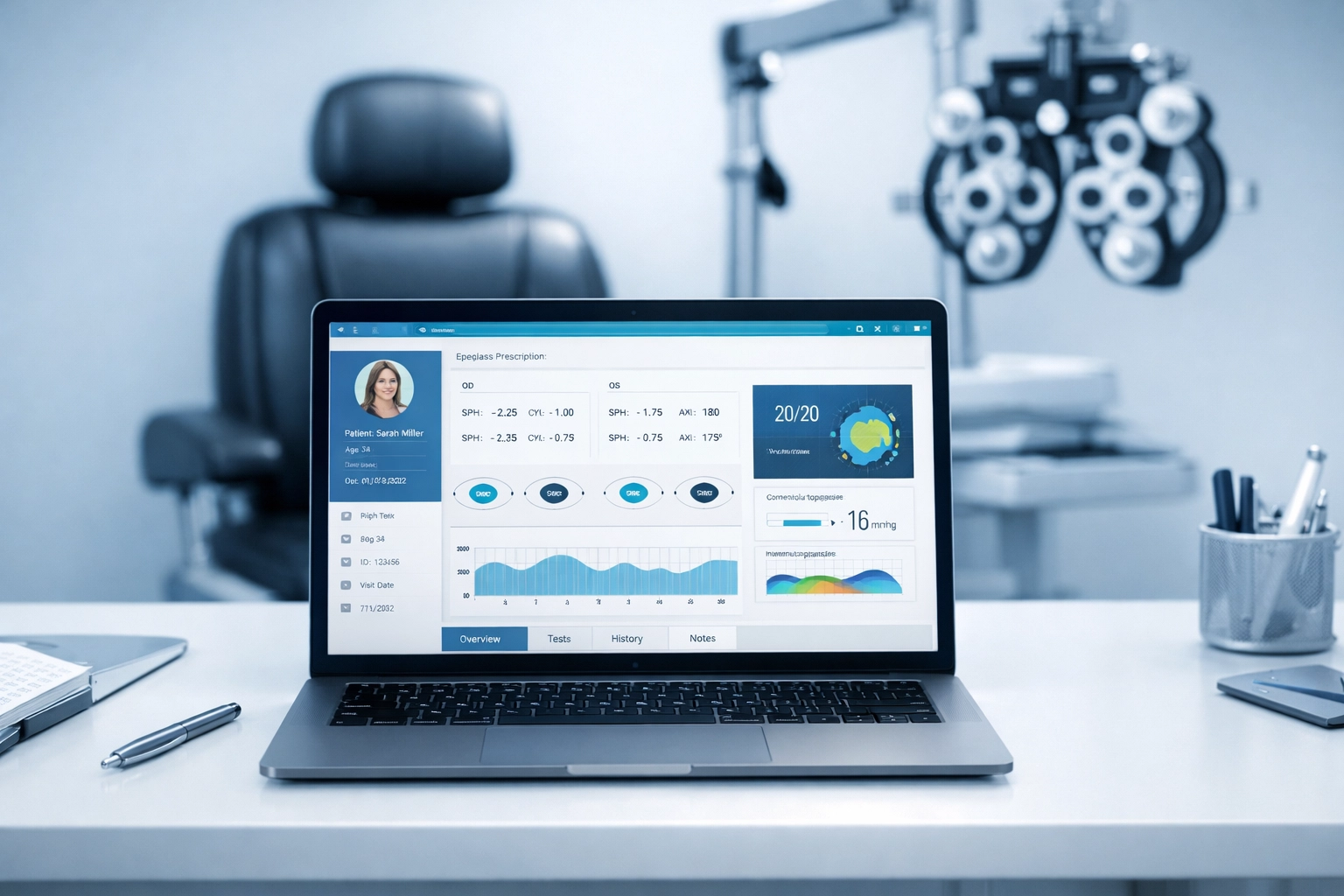Optometry revenue cycle management workstation showing integrated EHR system for accurate credentialing data.