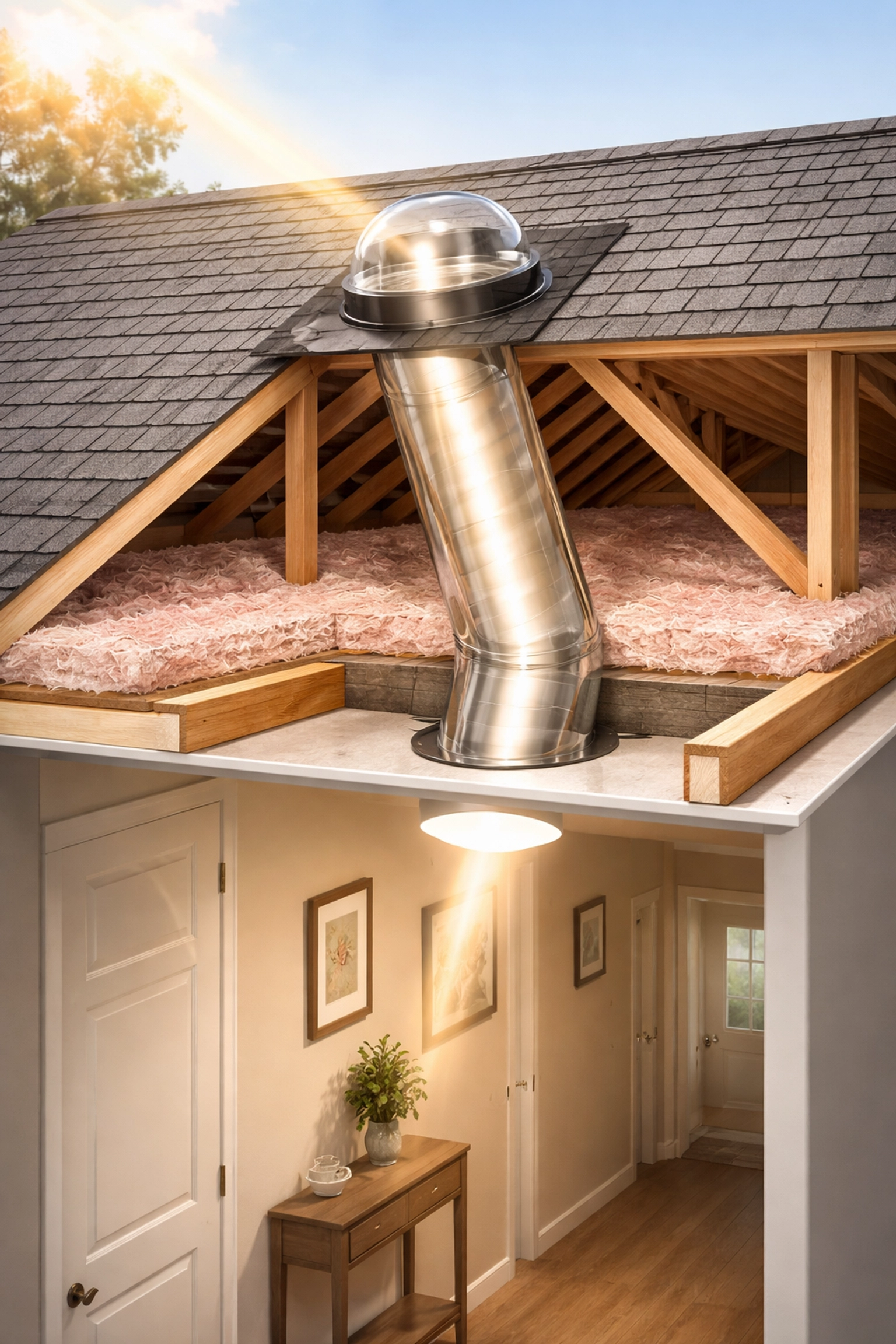 Cutaway view showing sun tunnel installation in a Lake Norman home, bringing natural light to a dark hallway.