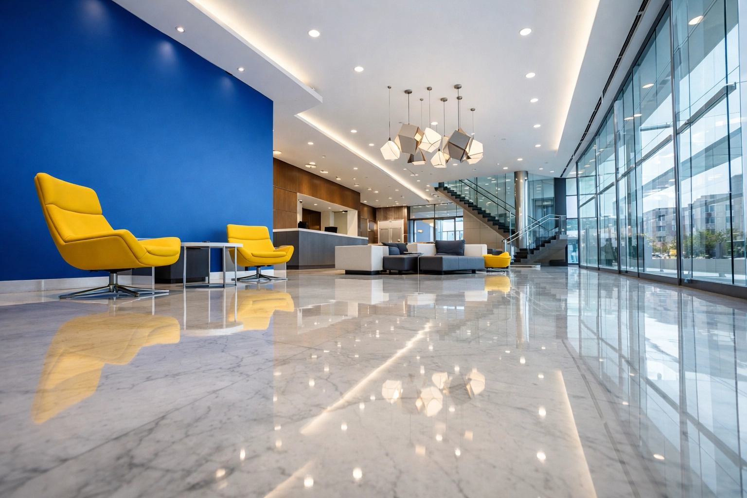 Immaculate Cambridge biotech office lobby with polished floors after professional deep cleaning.