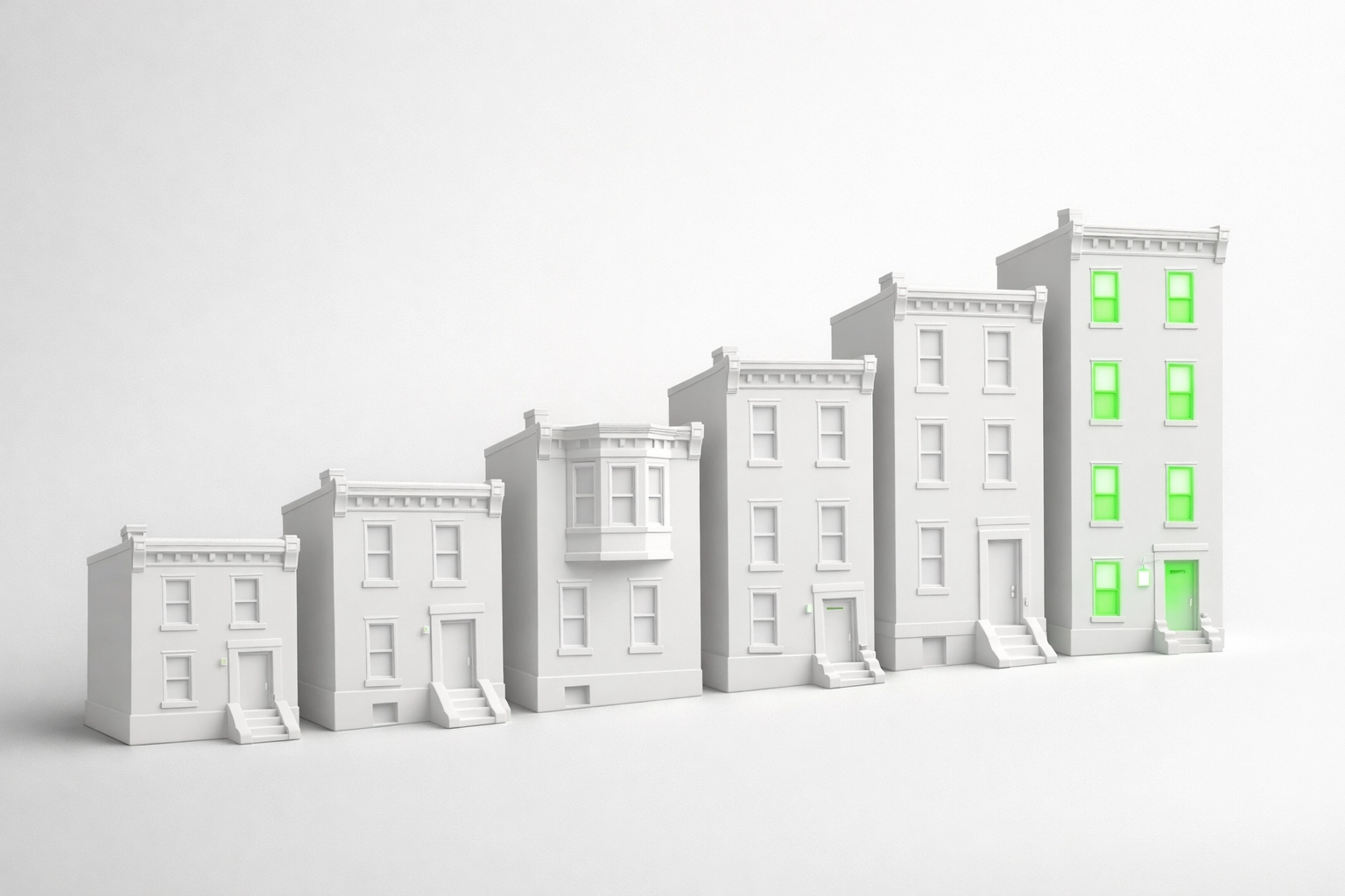 Graphic of rowhomes rising like a chart to show scaling a Philadelphia rental property portfolio.