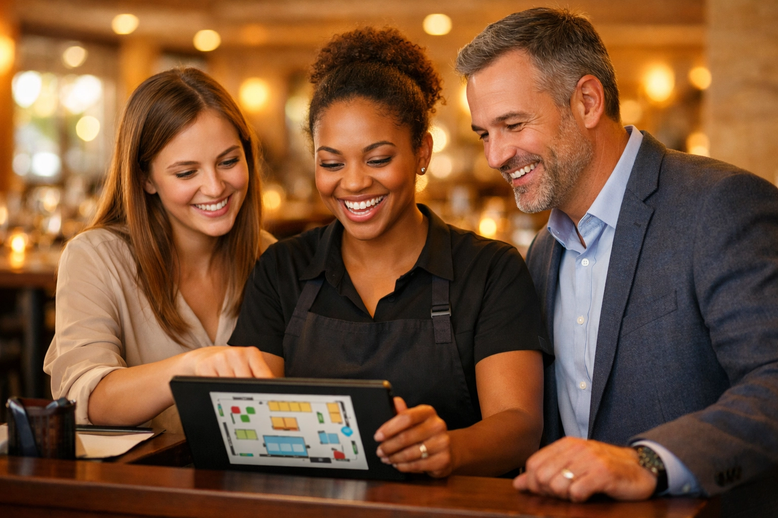 Restaurant team collaborating around tablet viewing shared dashboard