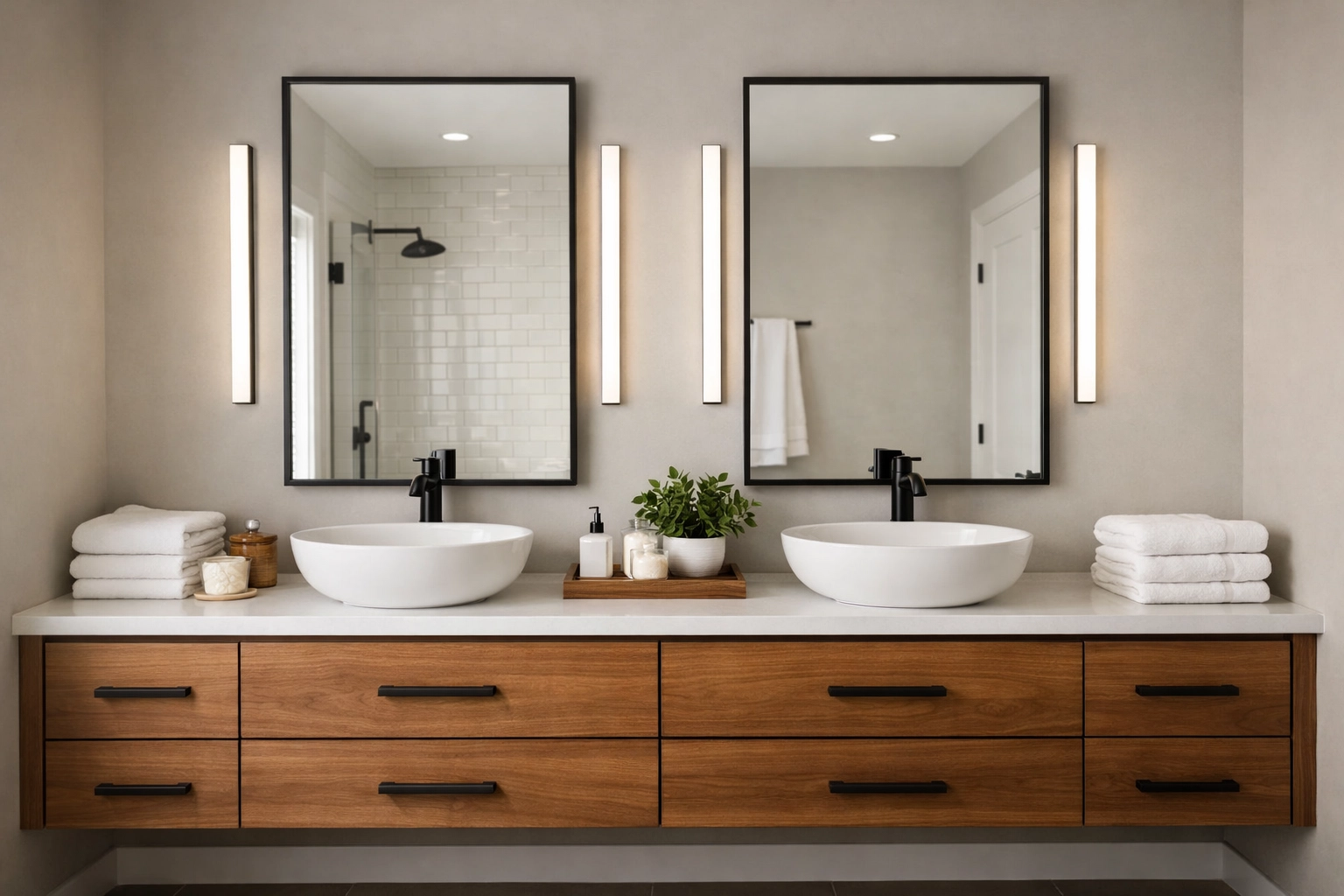 Bathroom renovation Orlando featuring modern floating vanity and LED lighting