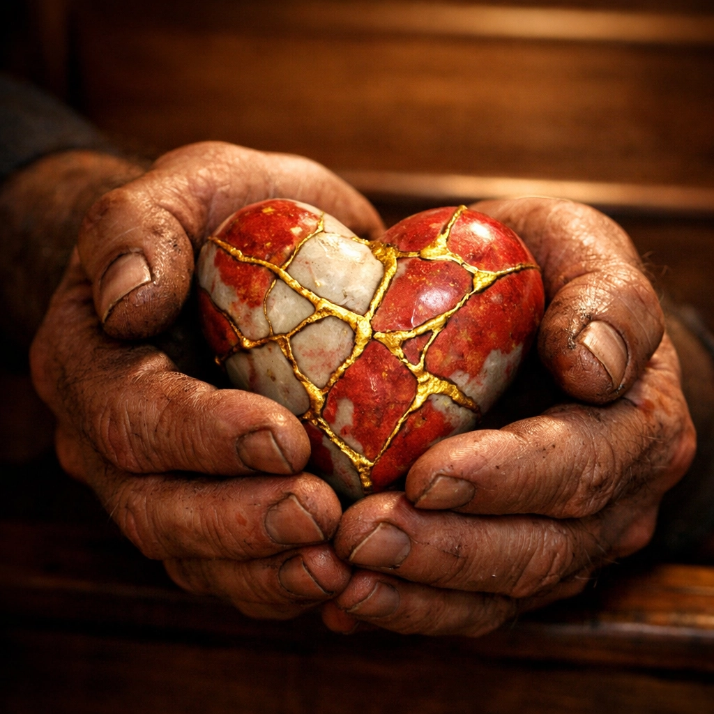 Hands holding a broken ceramic heart repaired with gold in a church pew representing redemption and grace.