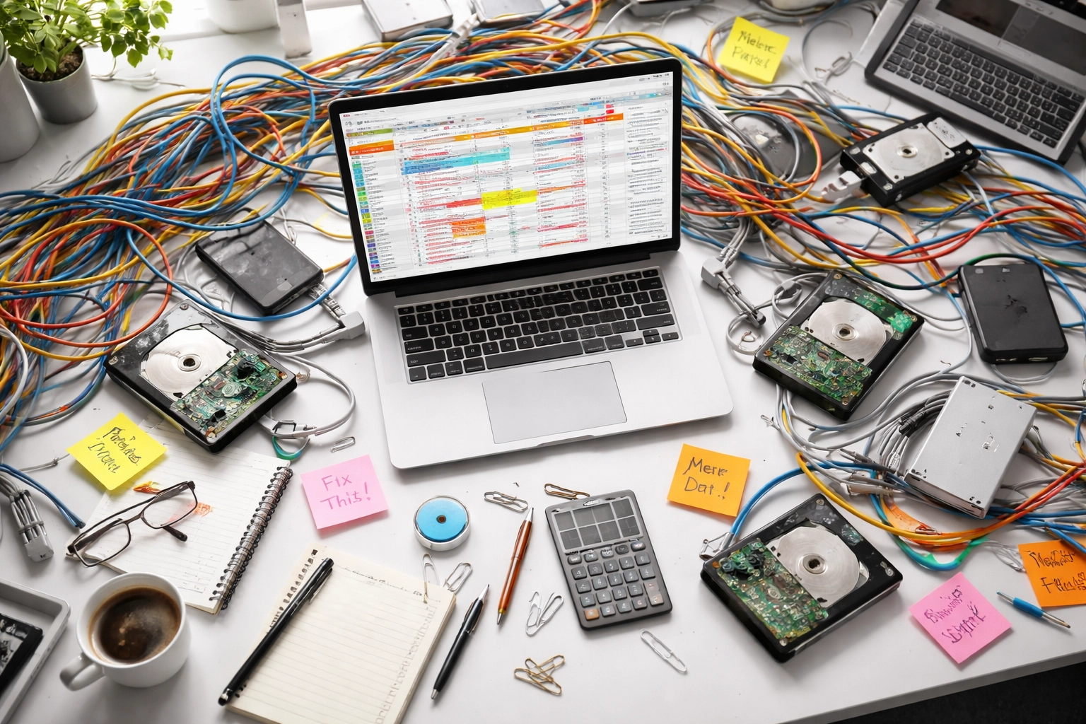 Cluttered office desk showing tangled cables, hard drives, and a chaotic laptop screen, symbolizing poor CMDB data integration.
