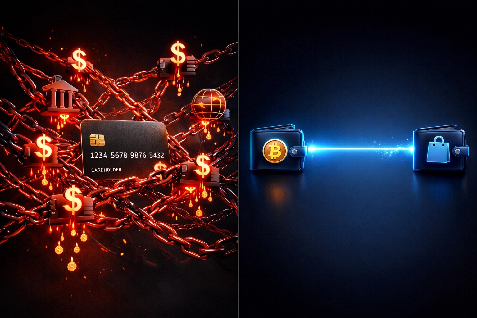 Traditional payment processing vs Web3 blockchain payments comparison showing fee reduction