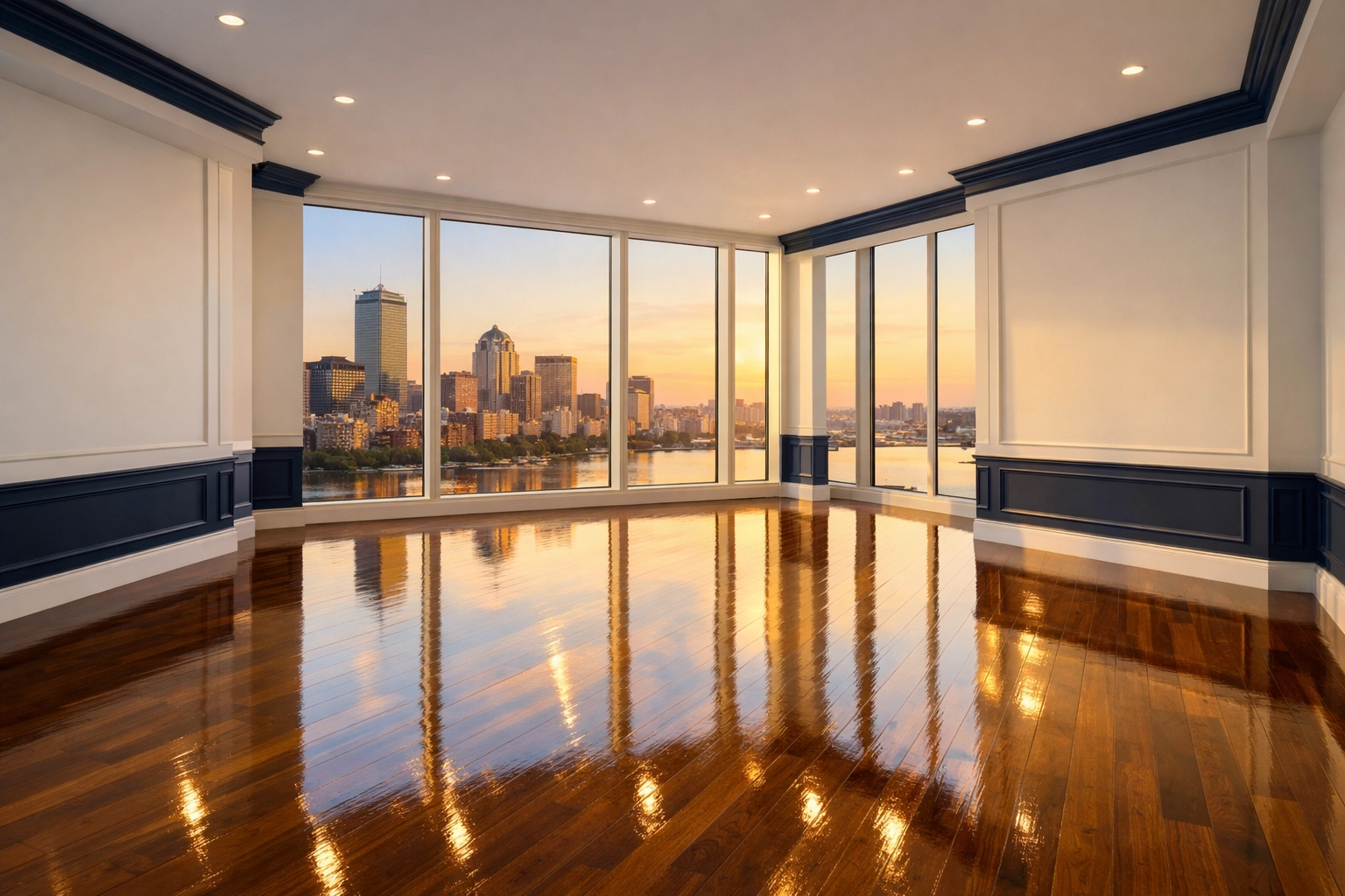 Pristine hardwood floors in an empty luxury unit after a move-out Apartment Cleaning Boston service.
