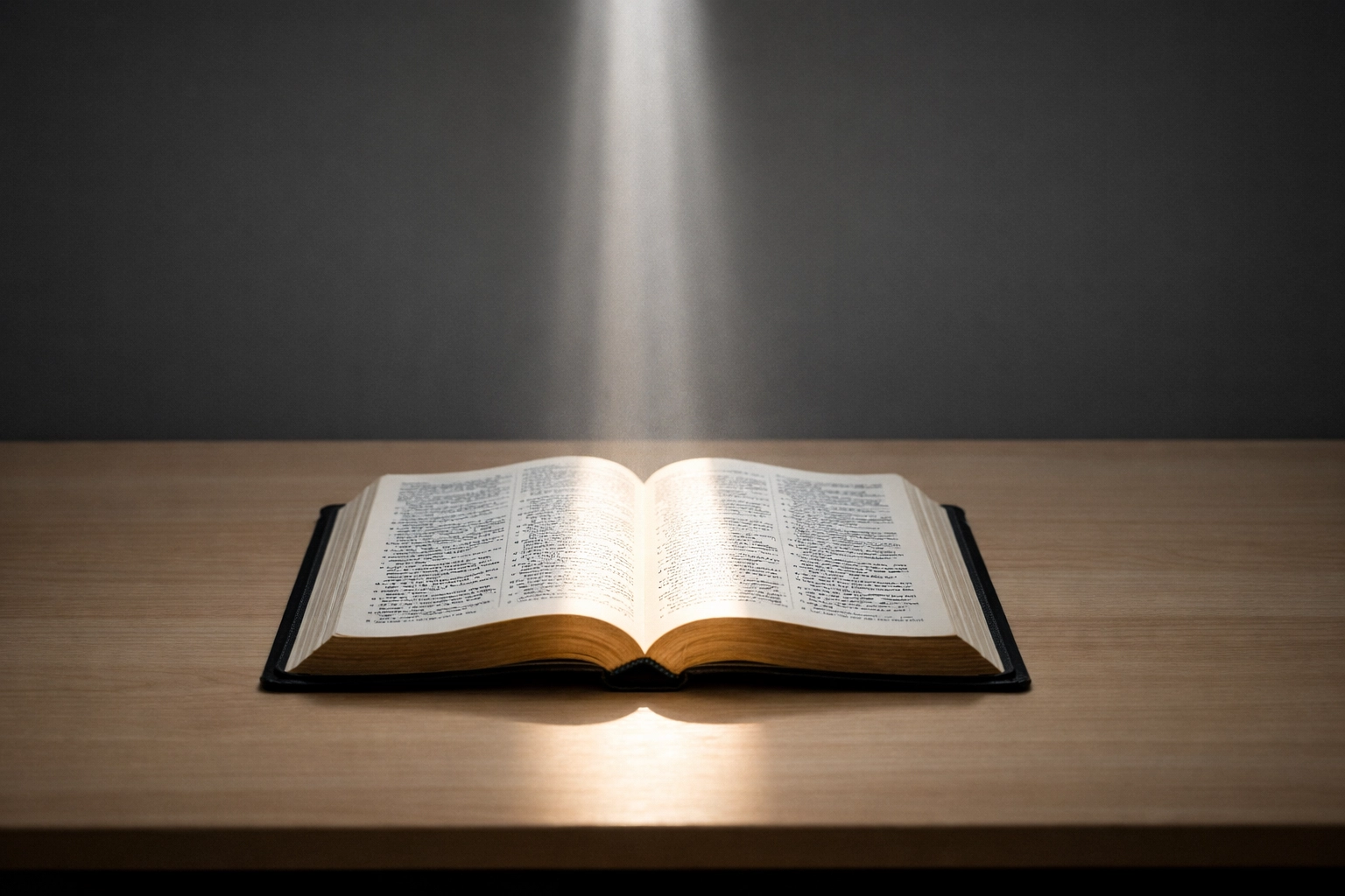 An open Bible on a wooden table illuminated by a sunbeam, focusing on scripture as a midday source of peace.