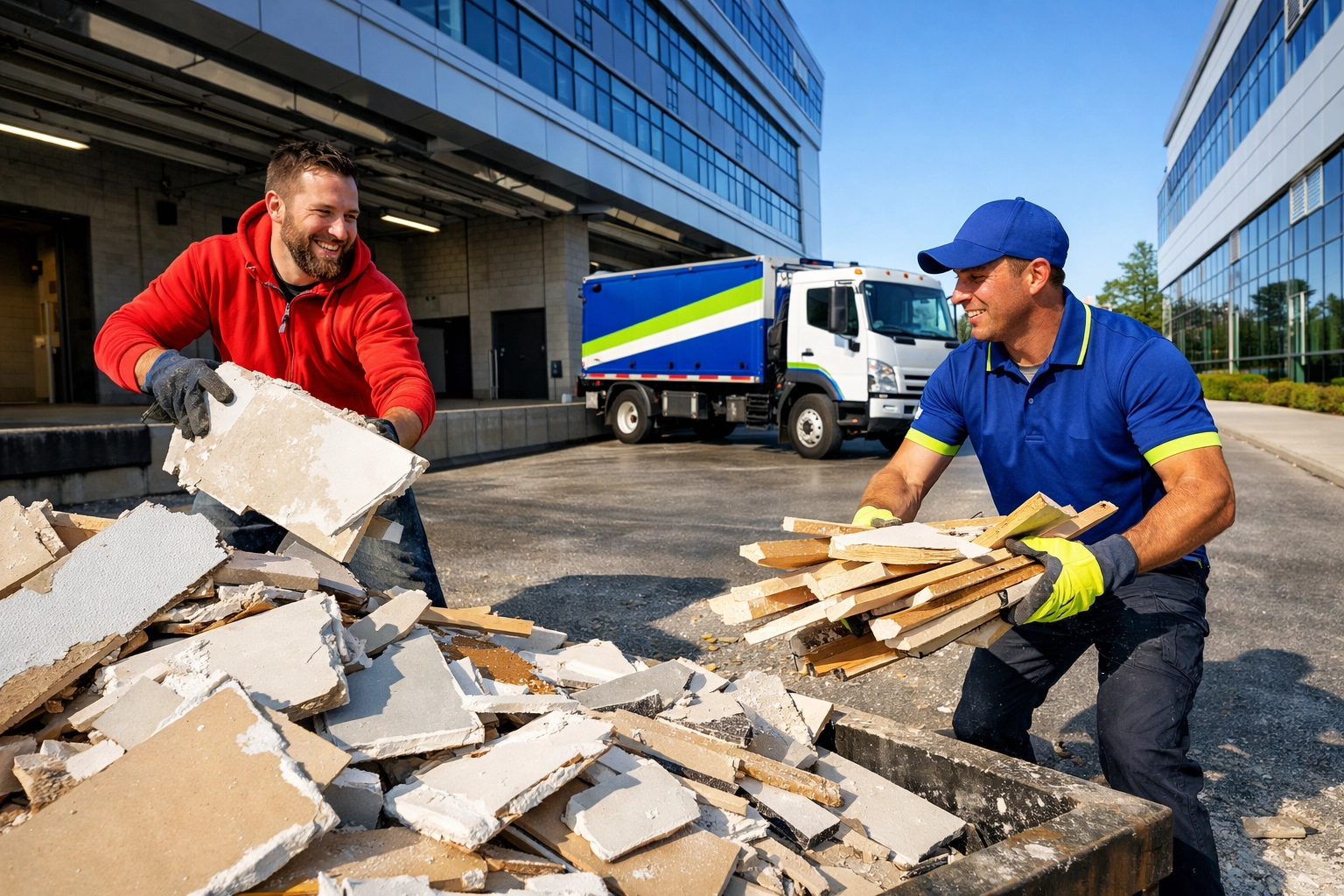 Corporate Junk Removal for North York Property Managers Junk GTA team removing construction waste from a North York office building for commercial property managers.