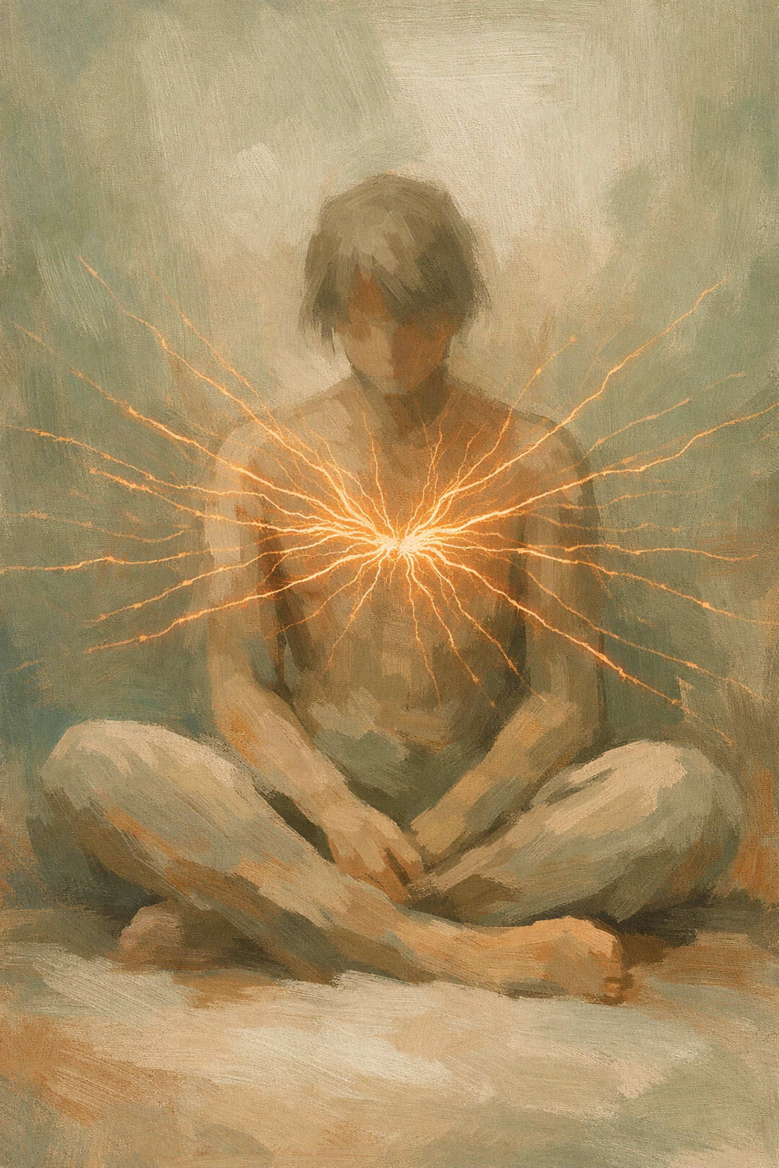 Abstract illustration of physical sensations and a hyper-sensitive nervous system radiating from a person's chest.