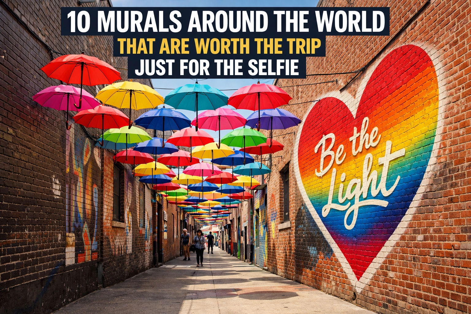 Umbrella Alley in San Francisco—“Be the Light” heart mural with colorful hanging umbrellas overhead.