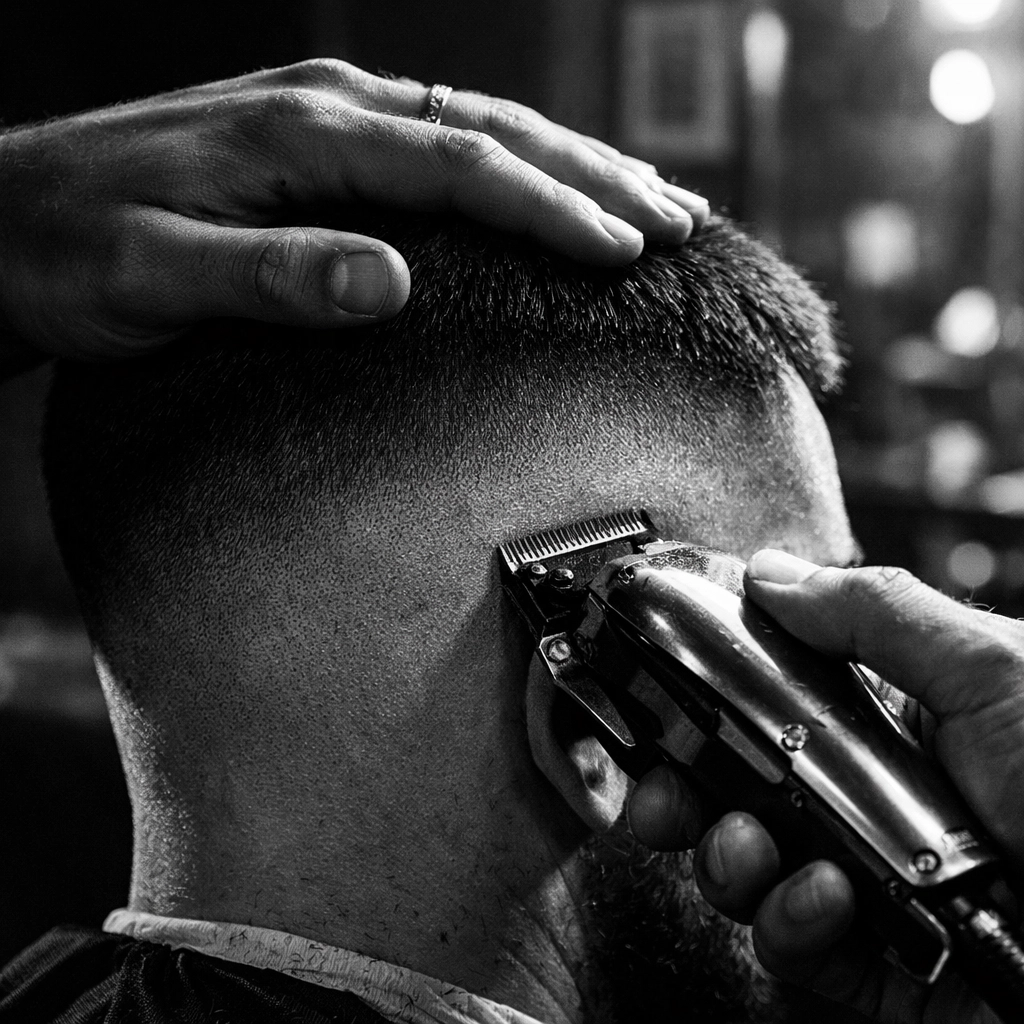 Professional barber using clippers for precise fade haircut at affordable student barbershop
