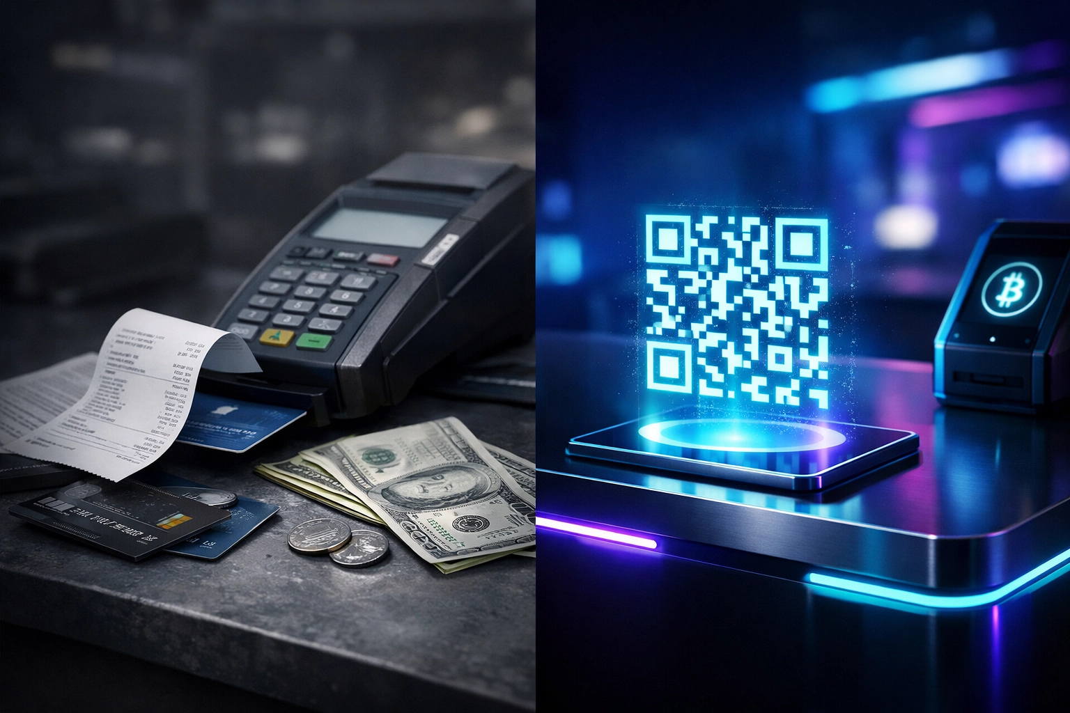 Traditional payment terminal versus Larecoin crypto QR code system demonstrating merchant fee savings