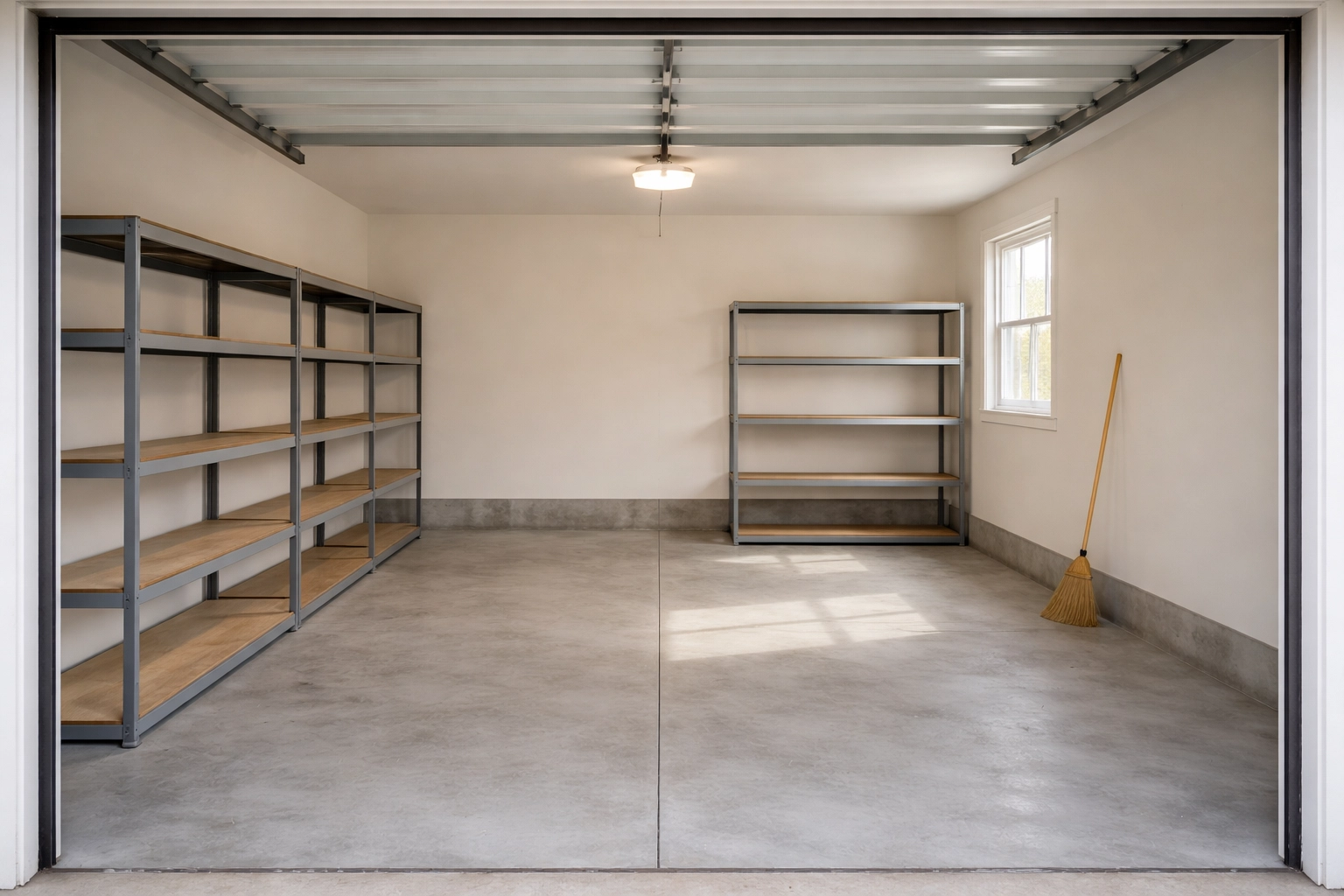 Clean, empty garage after rubbish removal, demonstrating effective home clearout results