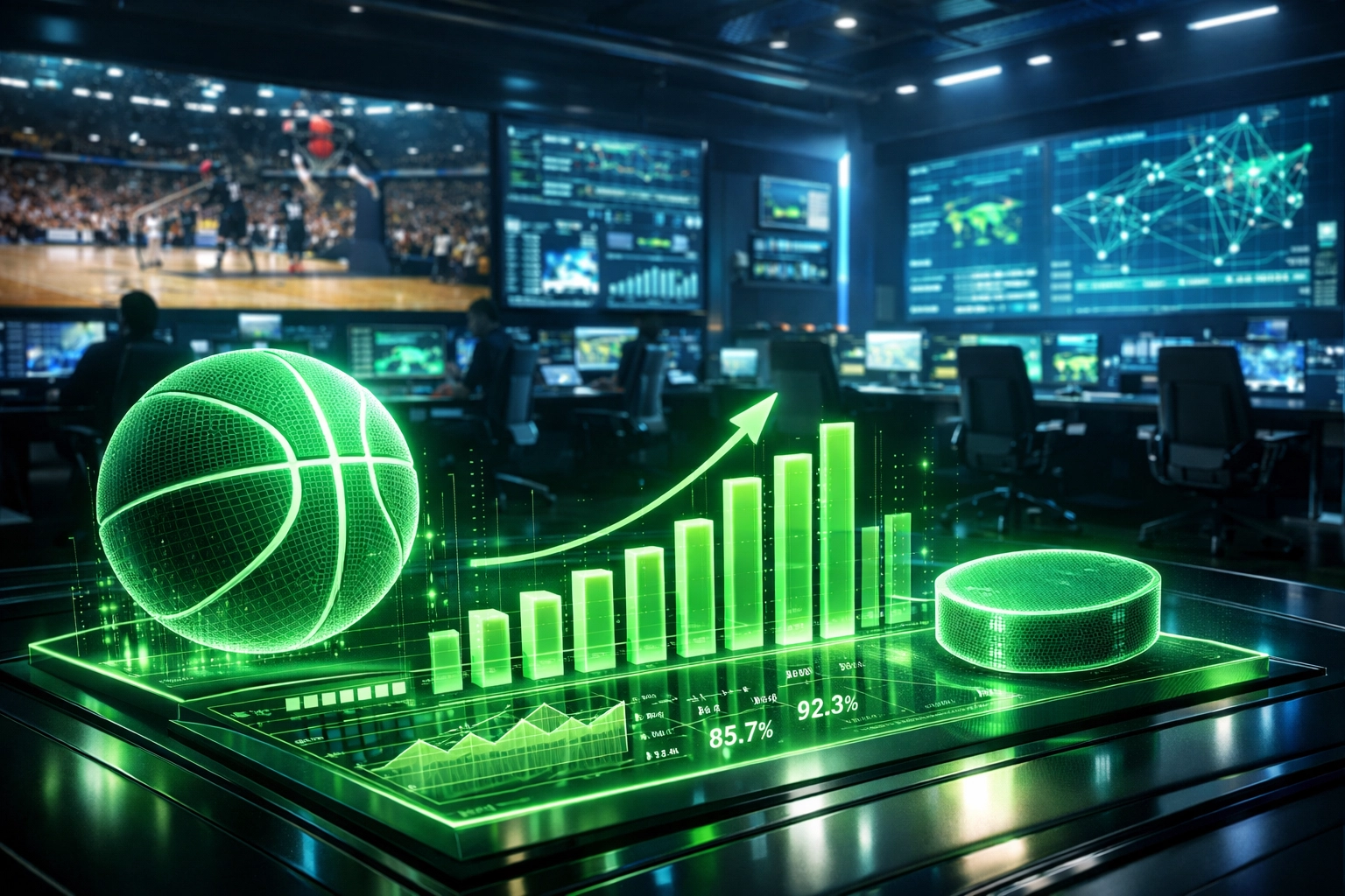 Digital dashboard displaying sports betting analytics and winning trends for AIPL basketball and hockey picks.