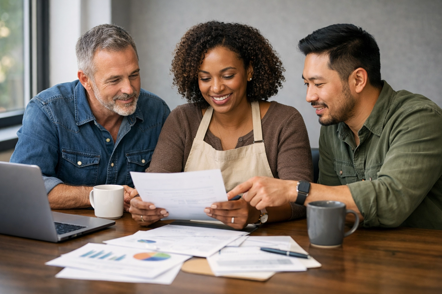 Business owners discussing BOP insurance policy and coverage options at meeting