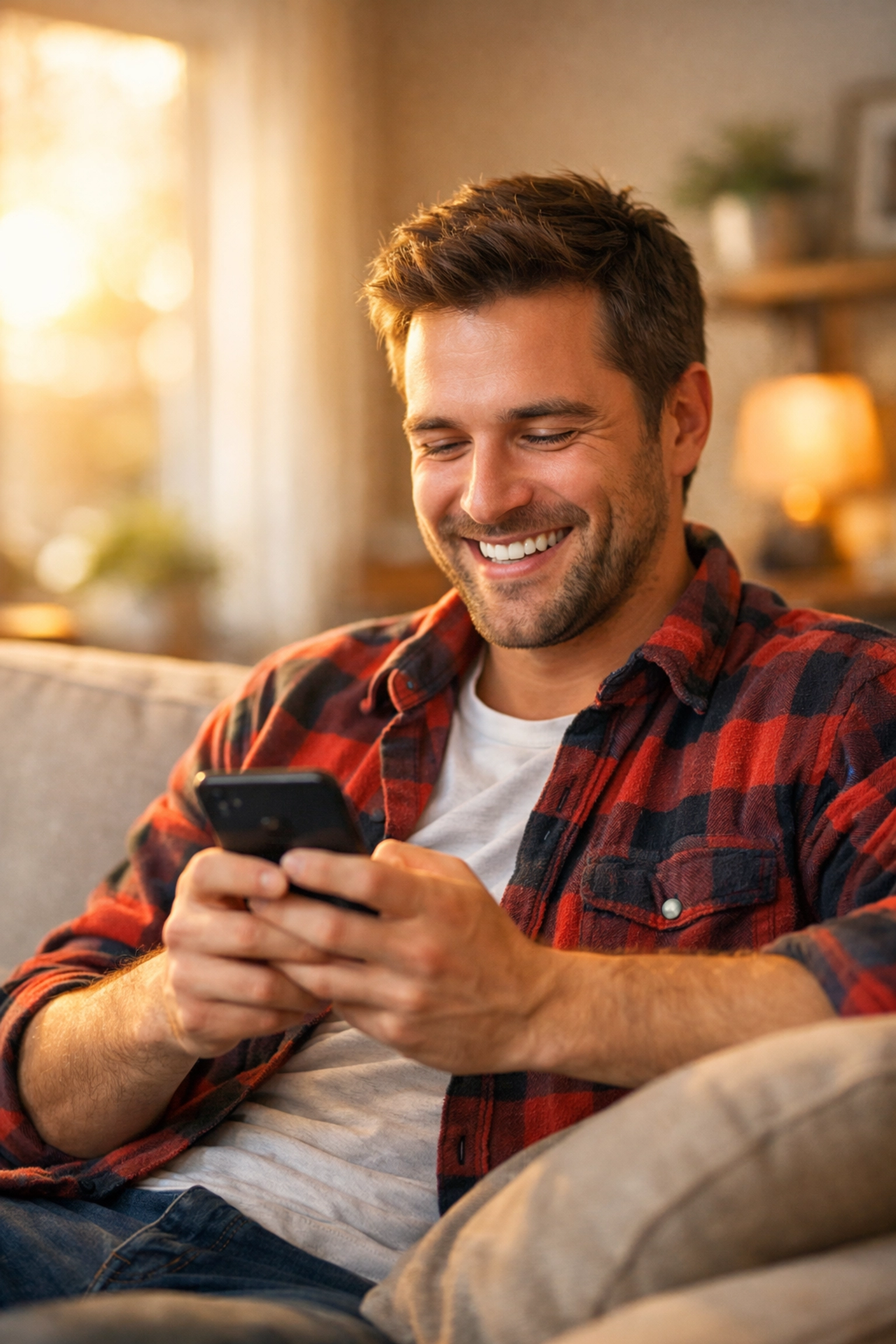 Relieved man smiling at his smartphone after securing an instant payday loan in Canada.