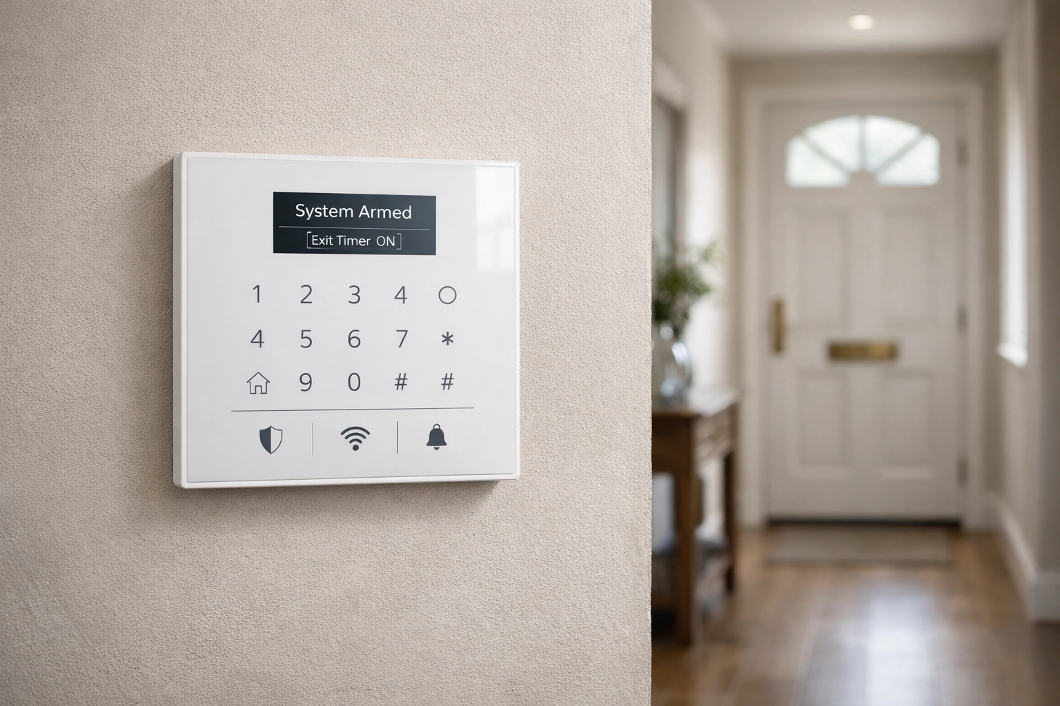 Professional intruder alarm installation showing a sleek white control panel in a modern UK home.