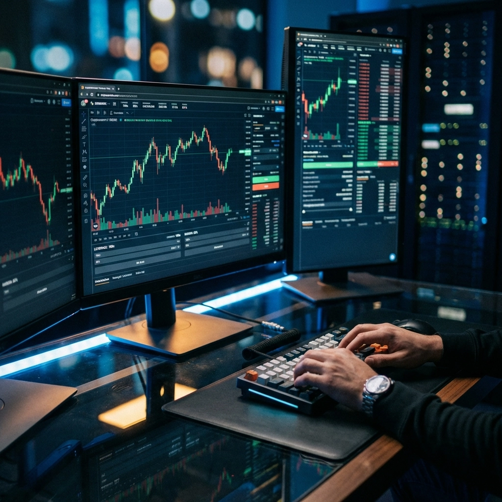 Trader analyzing cryptocurrency leverage and margin on high-tech monitors in a dark trading room