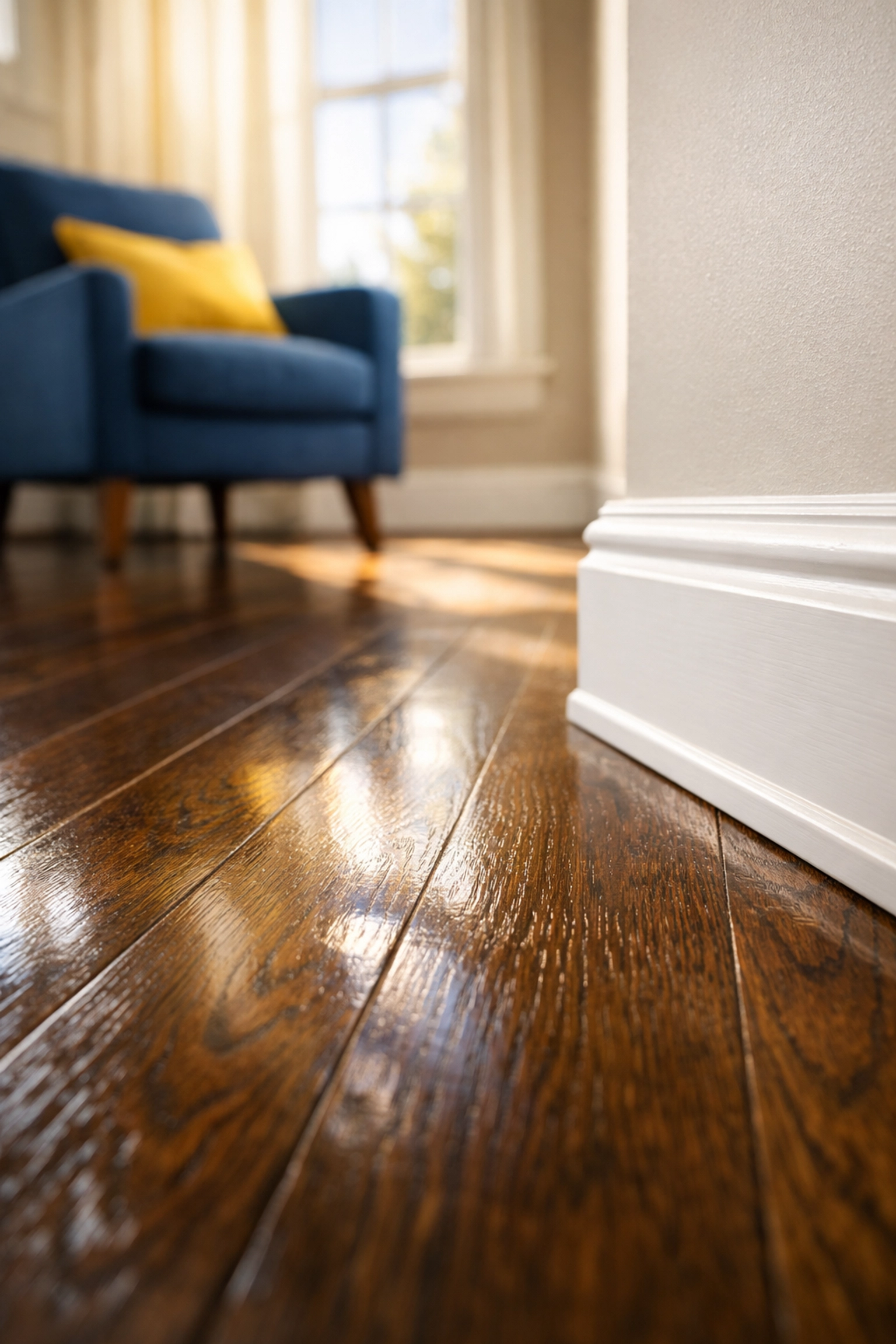 Polished oak hardwood floors and dust-free white baseboards after a Move-In Cleaning in Newton.