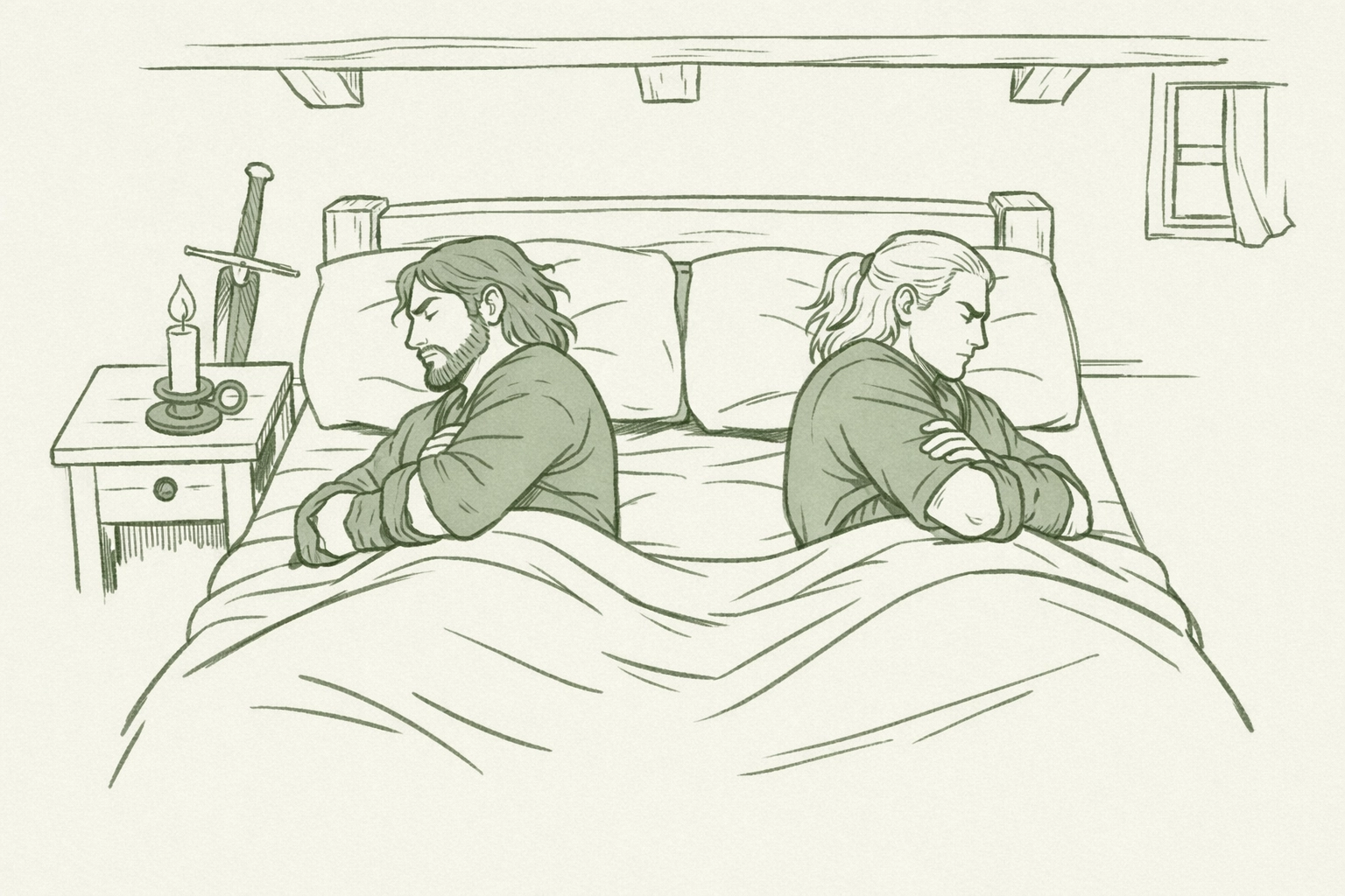 Witchers sharing a bed in forced proximity MM romance trope scene