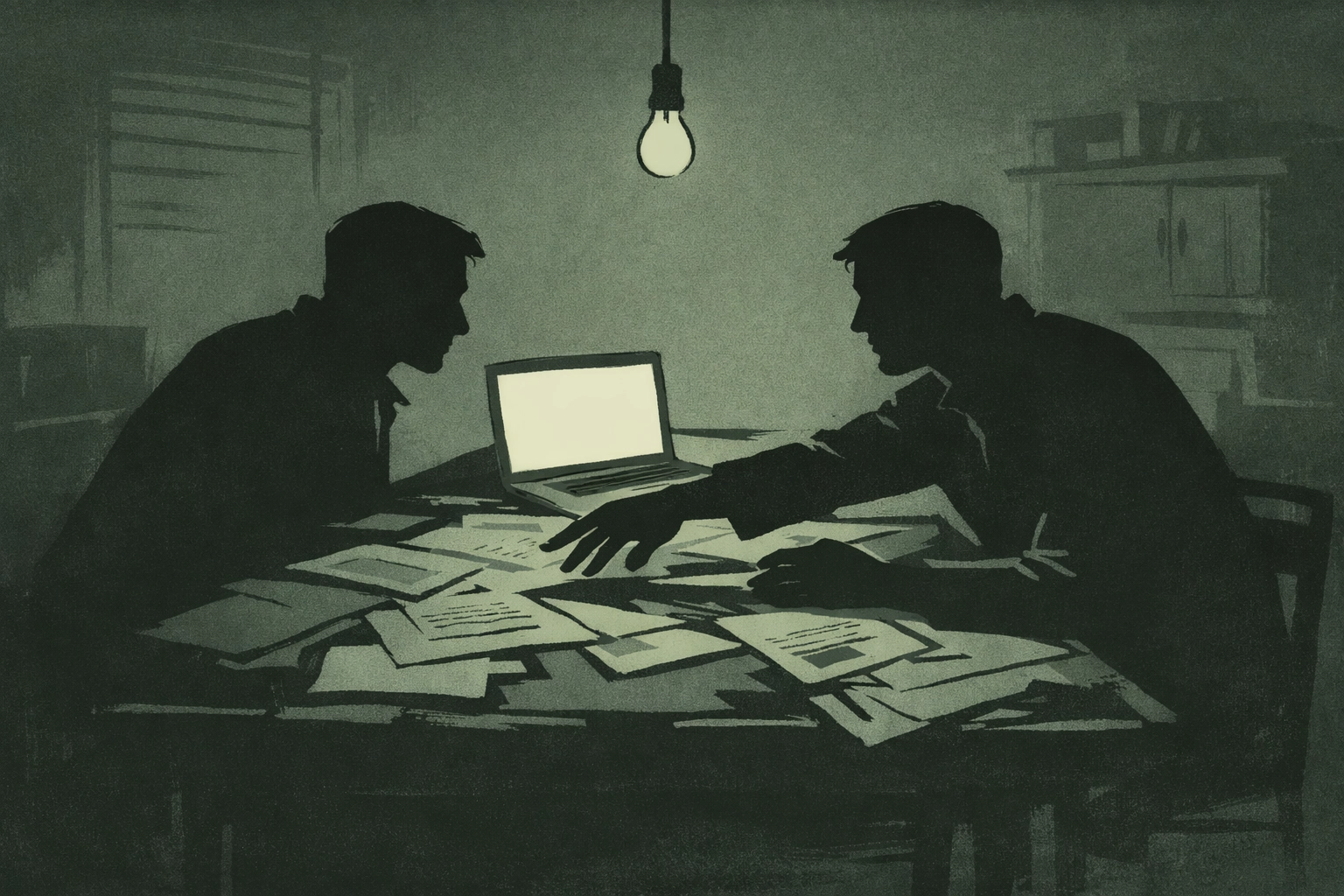 Two men review leaked documents in secret meeting - gay political thriller suspense