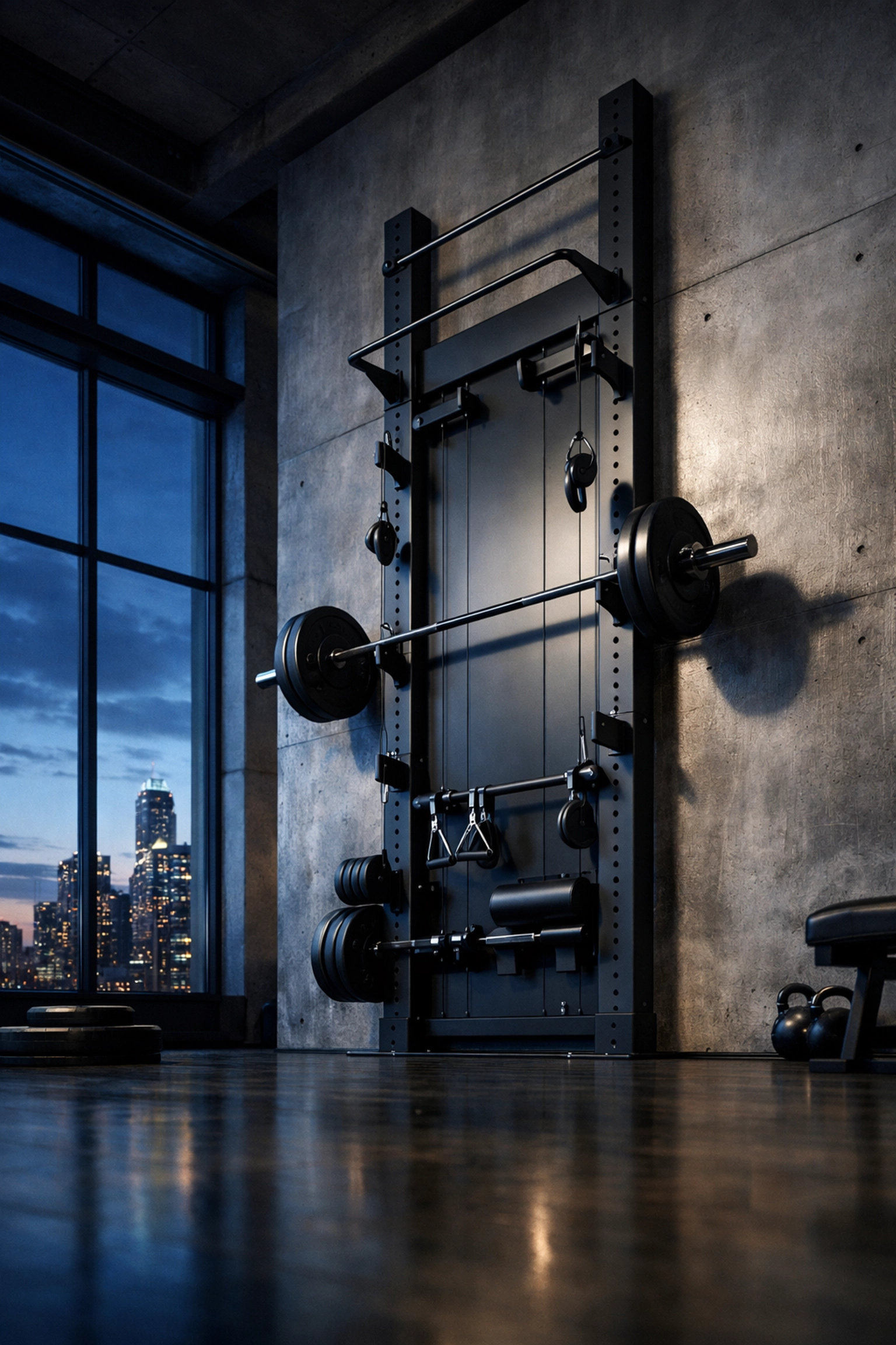 Sleek floor to ceiling gym system for high-performance resistance training in a modern home gym.