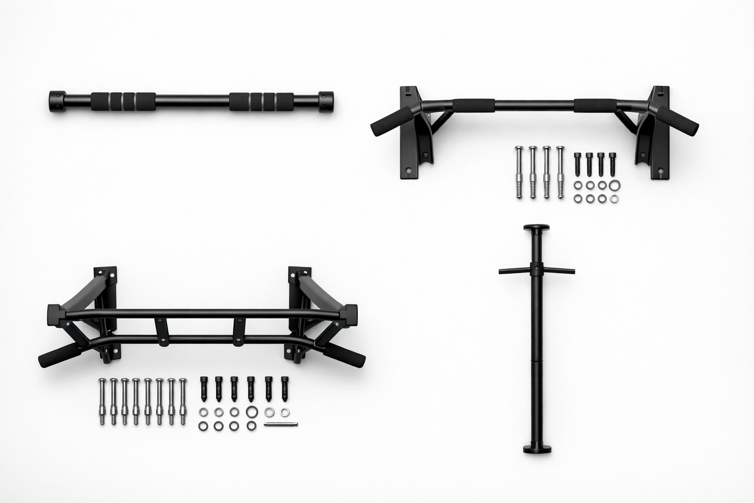 Comparison of pull-up bar alternatives: door-frame, wall-mounted, ceiling, and floor-to-ceiling