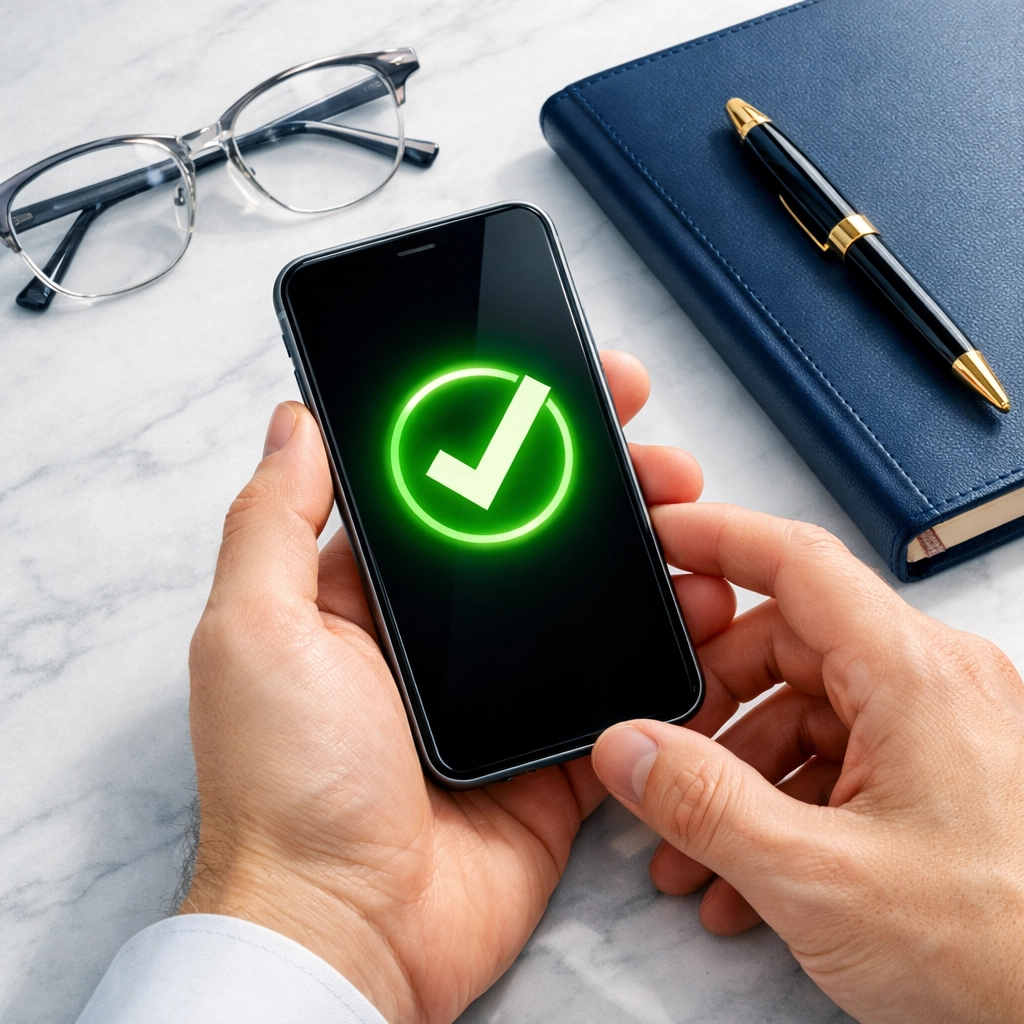 Smartphone screen with checkmark showing fast approval for an instant loan in Canada.