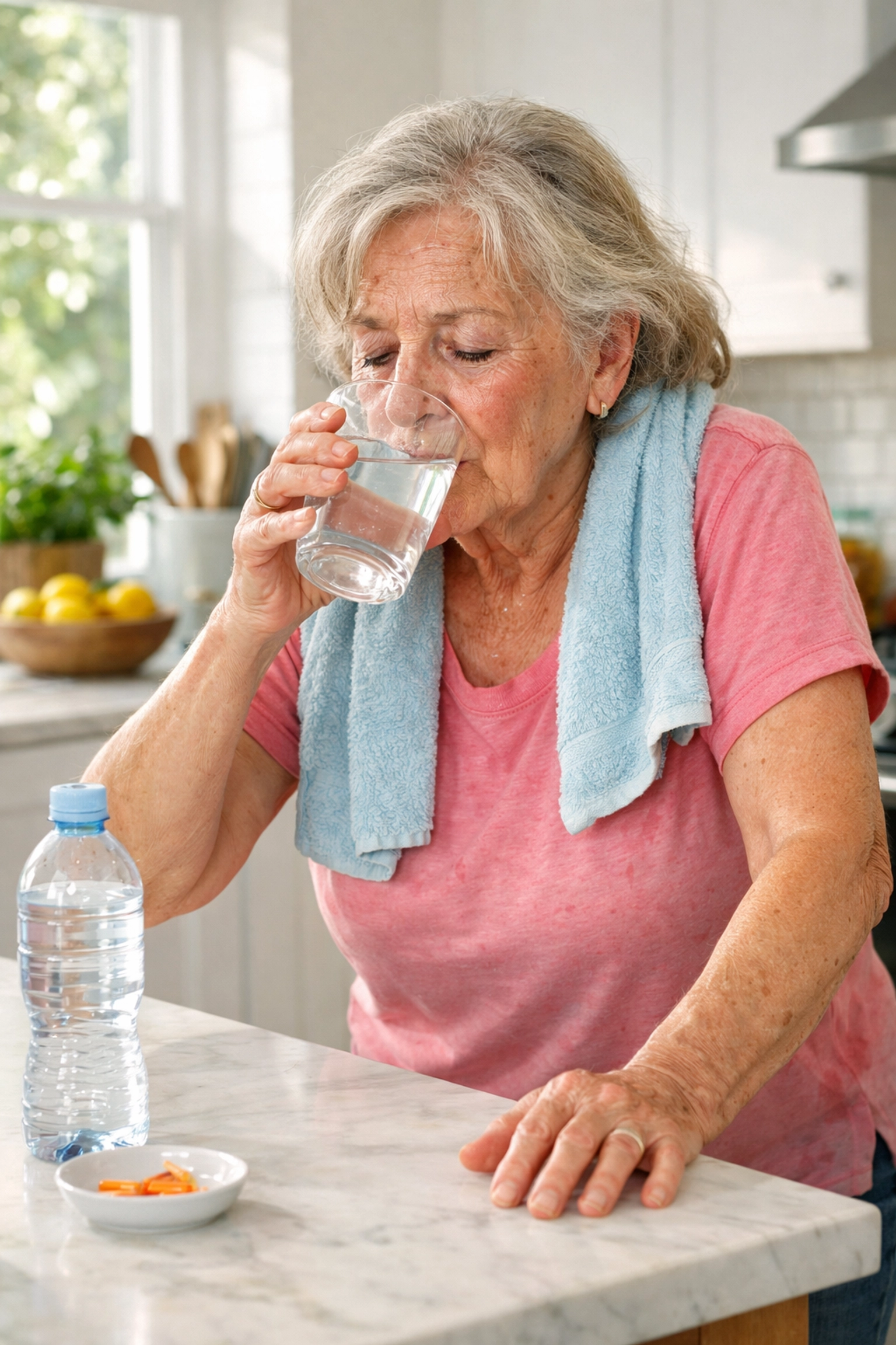 Senior woman drinking water in kitchen to combat dehydration and fatigue