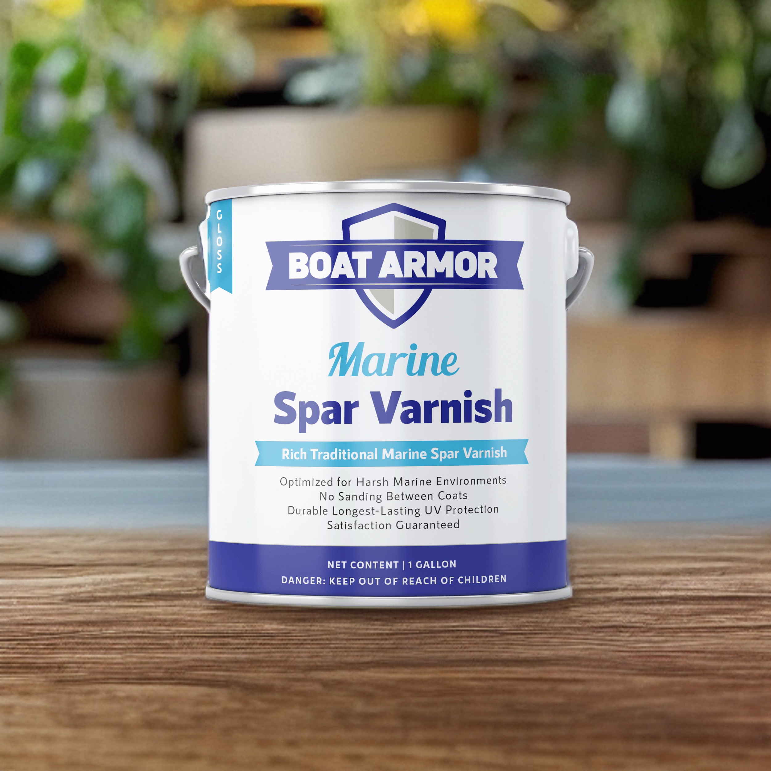 Three marine spar varnish cans with brush and sandpaper, displaying gloss, semi-gloss, and satin boat wood finishes