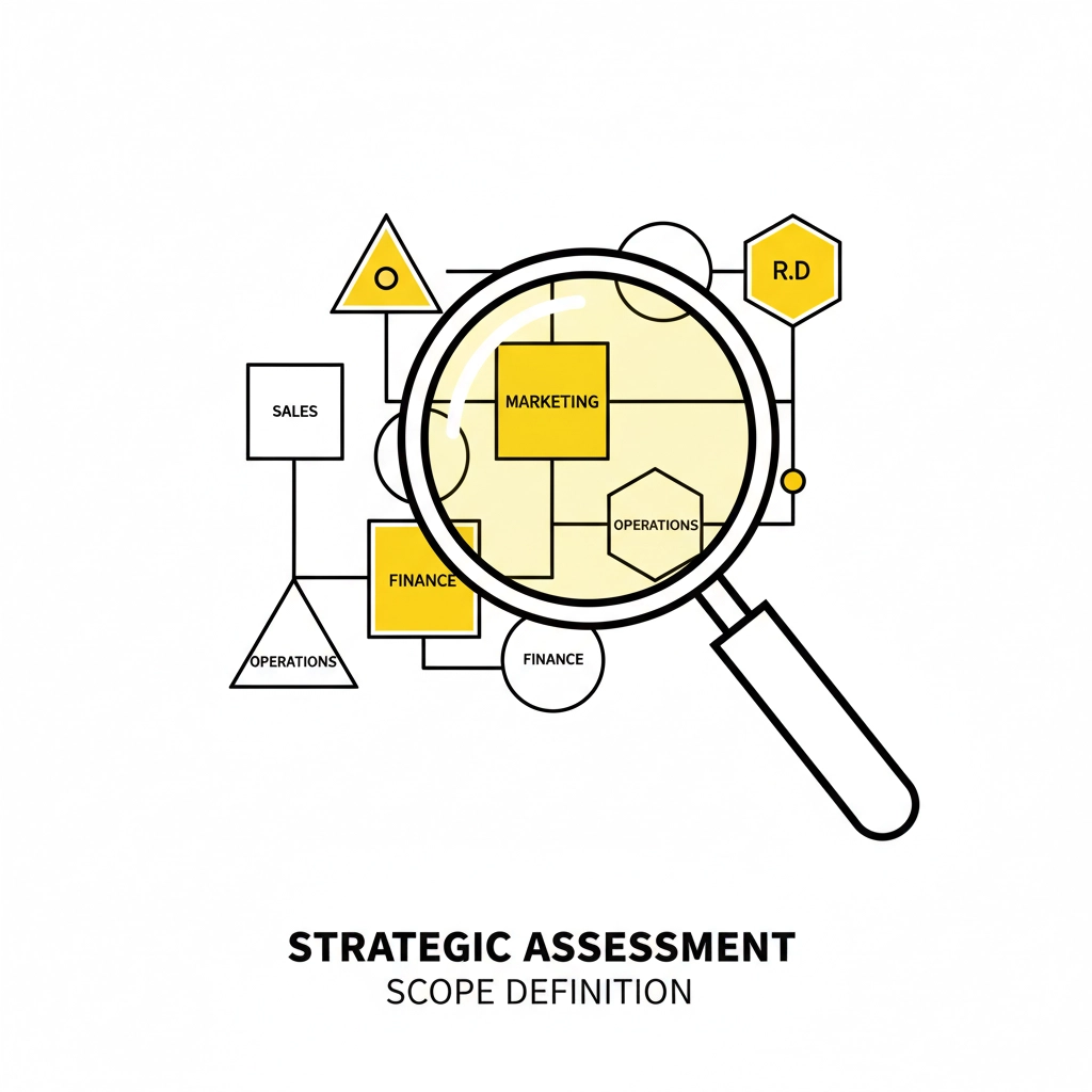 Magnifying glass over yellow shapes labeled Marketing, Operations, Finance. Text: "Strategic Assessment, Scope Definition." Simplistic design.