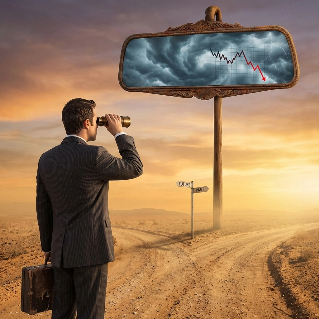 Businessman at a crossroads in the desert gazing forward, with stormy markets in a rearview mirror, emphasizing forward-looking investment strategies.