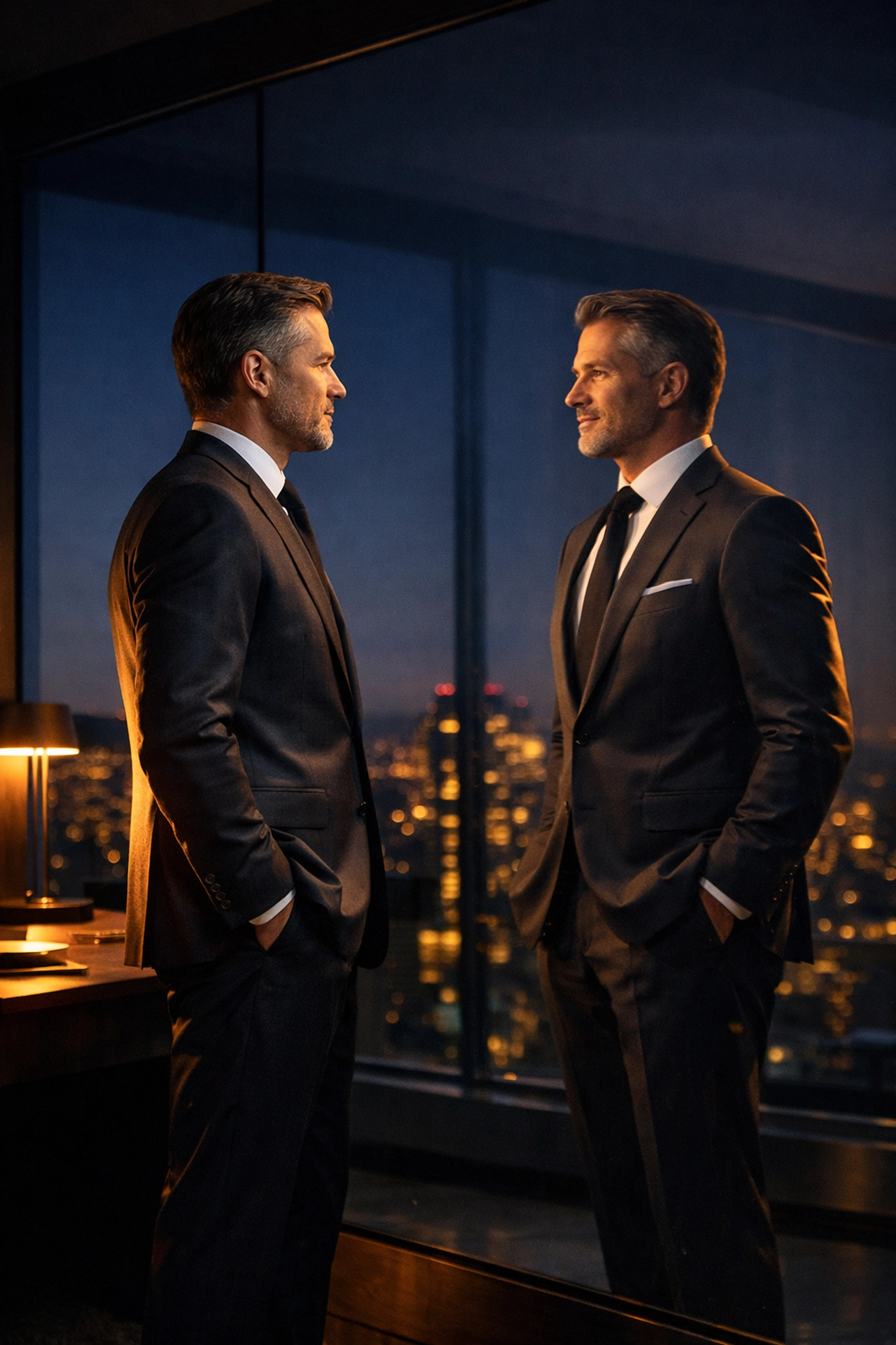 ![A confident executive looking at their reflection, representing leadership growth and self-awareness.