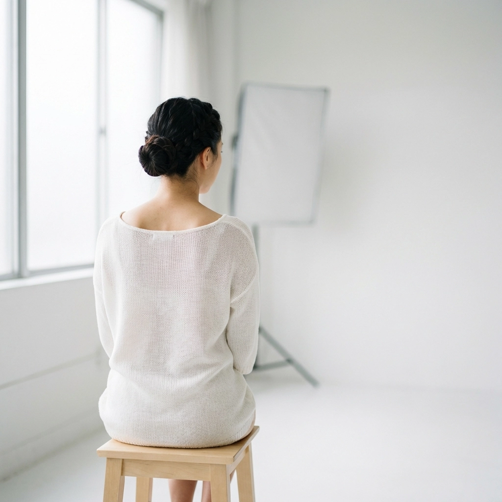 Fine art nude photography of an East Asian woman in a minimalist studio, highlighting human form and texture.