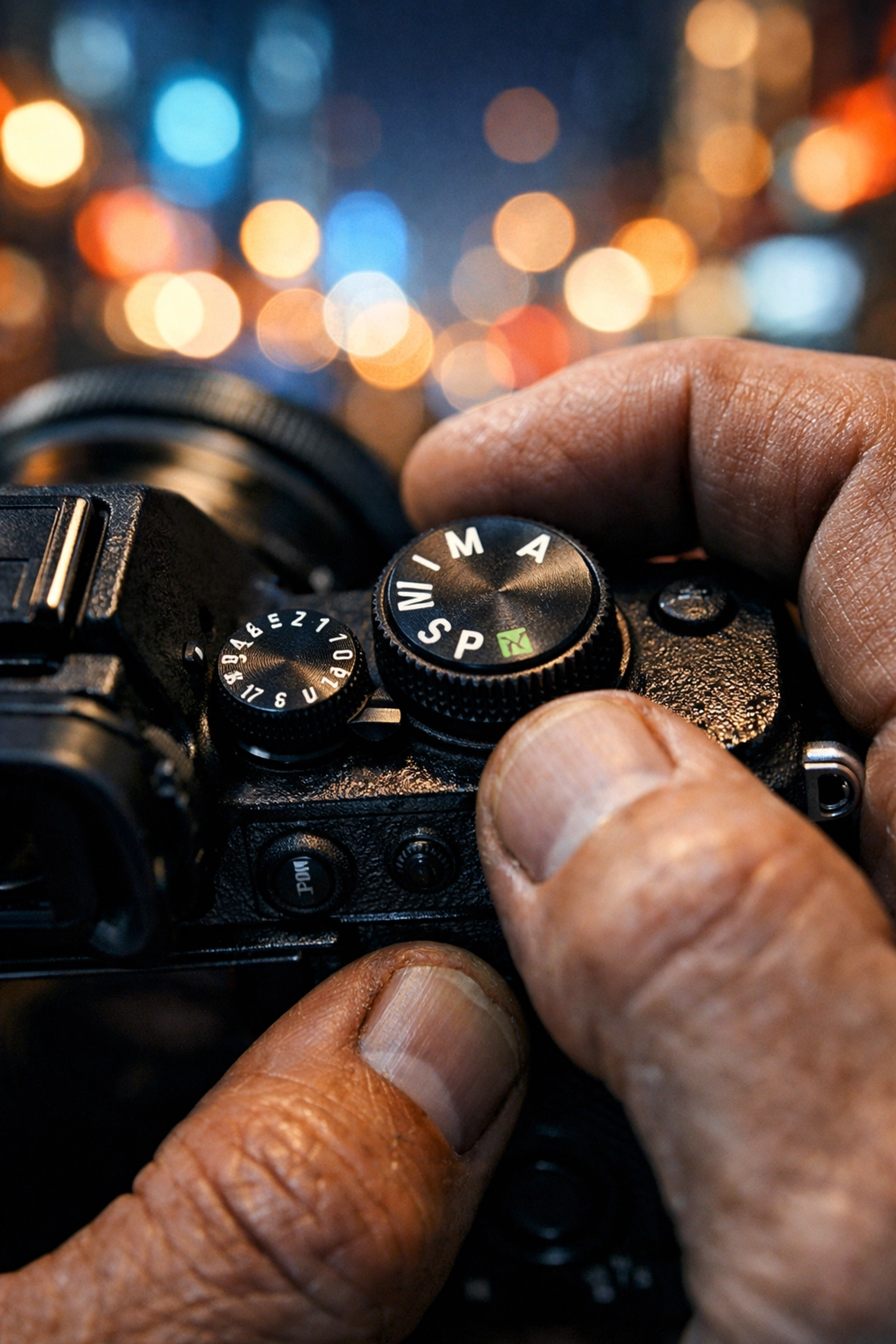Manual mode vs aperture priority on camera dial in city light, pro photography decision-making