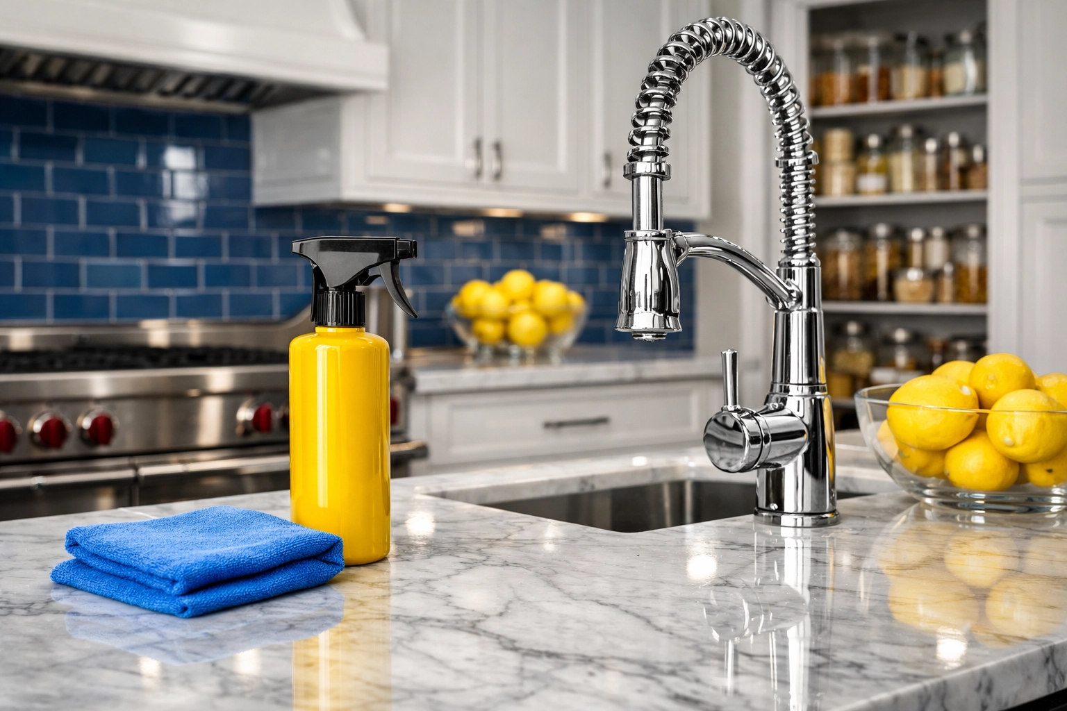 Immaculate modern kitchen with polished marble counters, showcasing professional residential cleaning MA results.