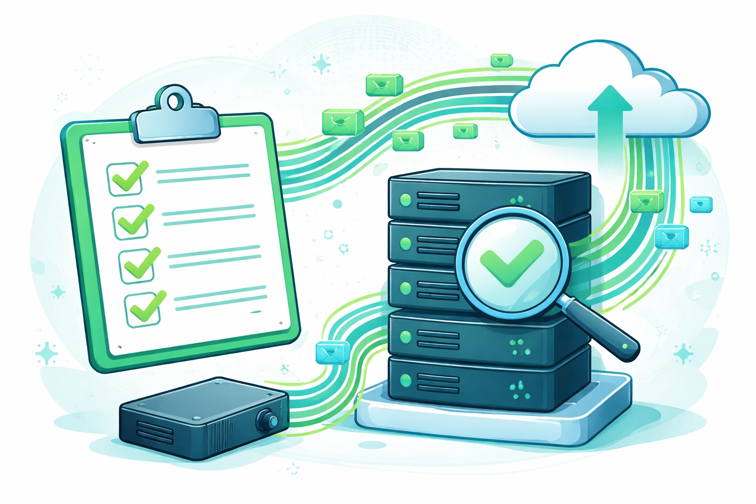 Checklist and server showing verified backup testing and cloud storage for Northern Michigan small businesses