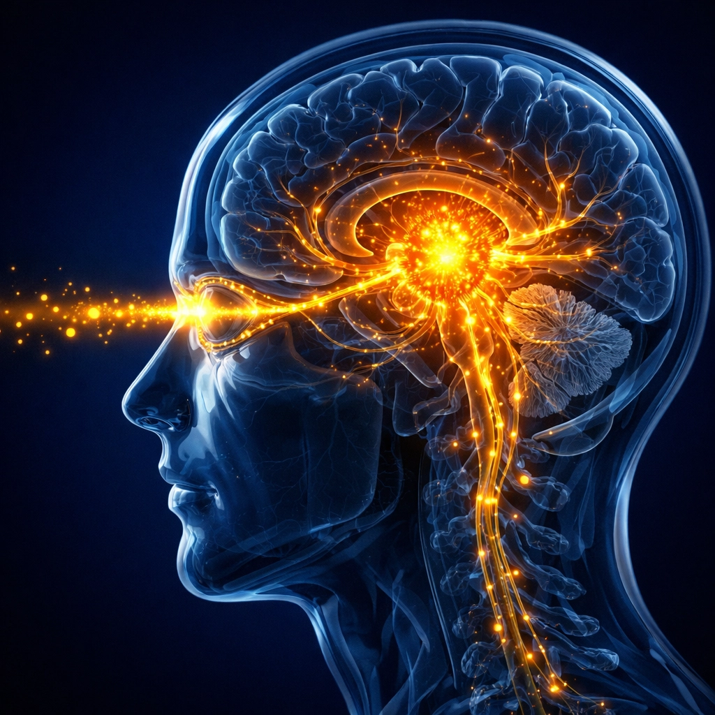 Light photons entering the human eye and signaling the brain's circadian master clock for morning alertness.