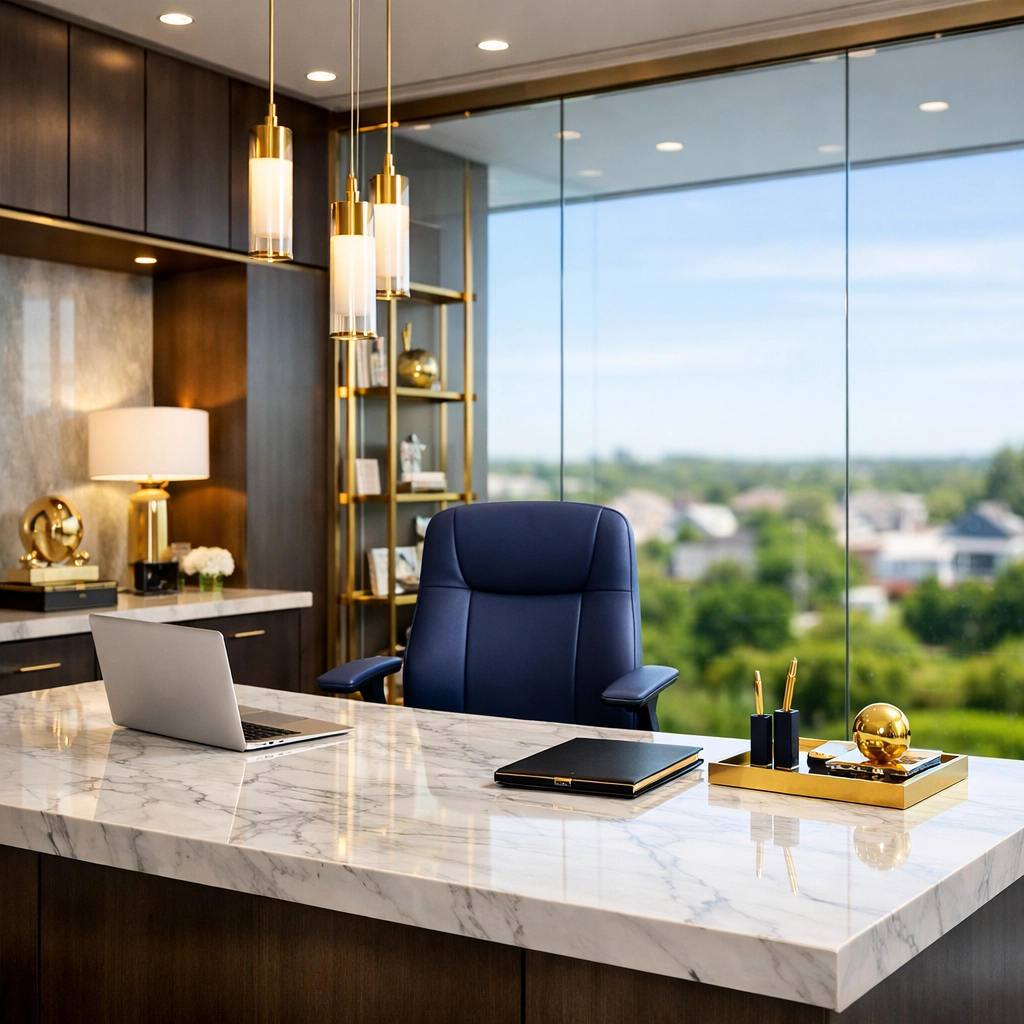 Professional commercial cleaning results in a luxury Westwood office featuring a polished marble executive desk.