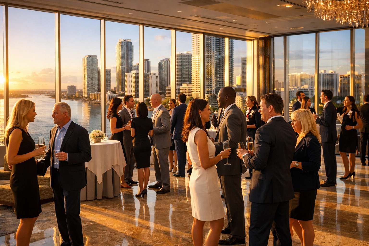 High-end corporate event photography at a Brickell Miami ballroom overlooking the skyline.