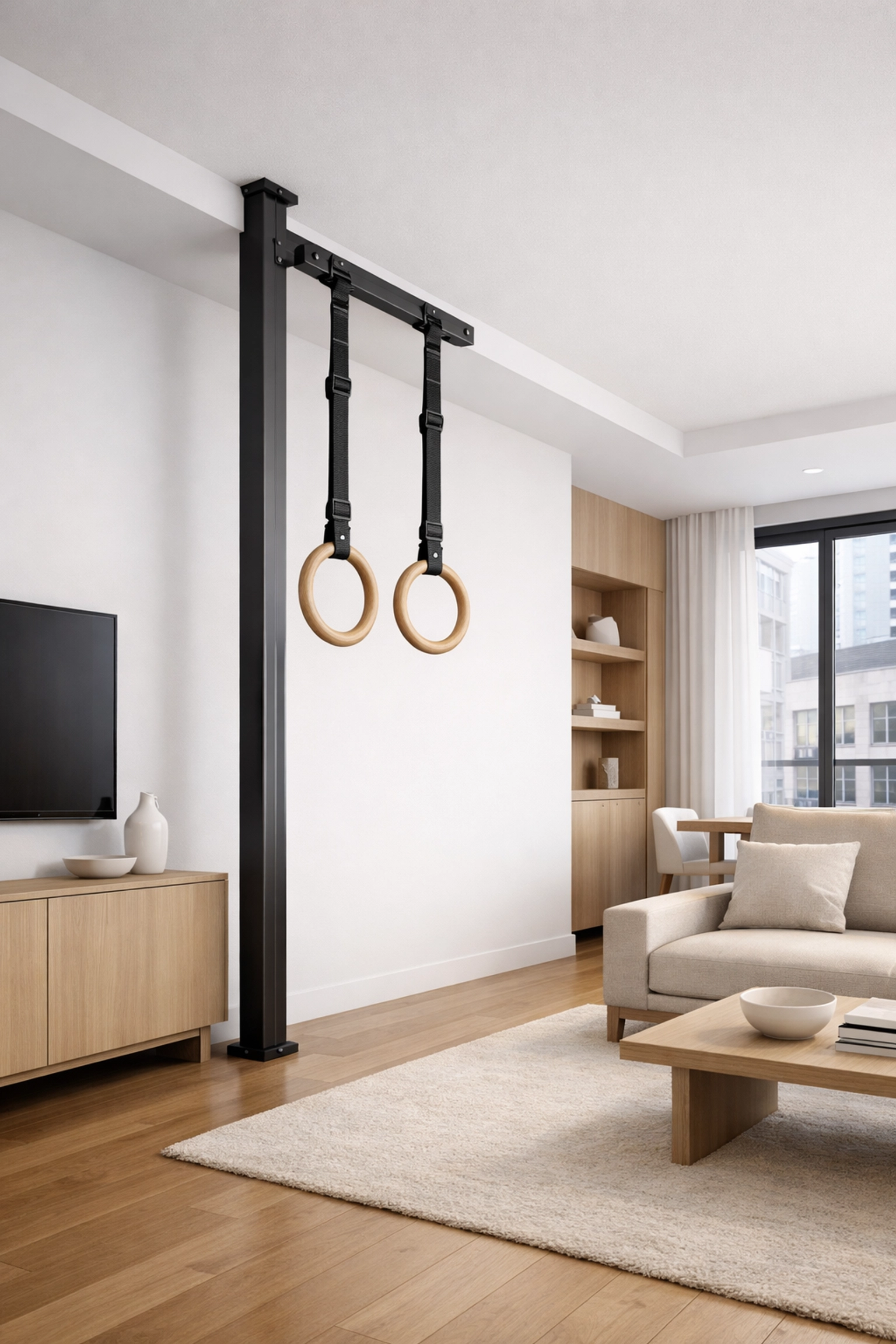 A versatile floor to ceiling gym and no wall damage workout system in a modern home.