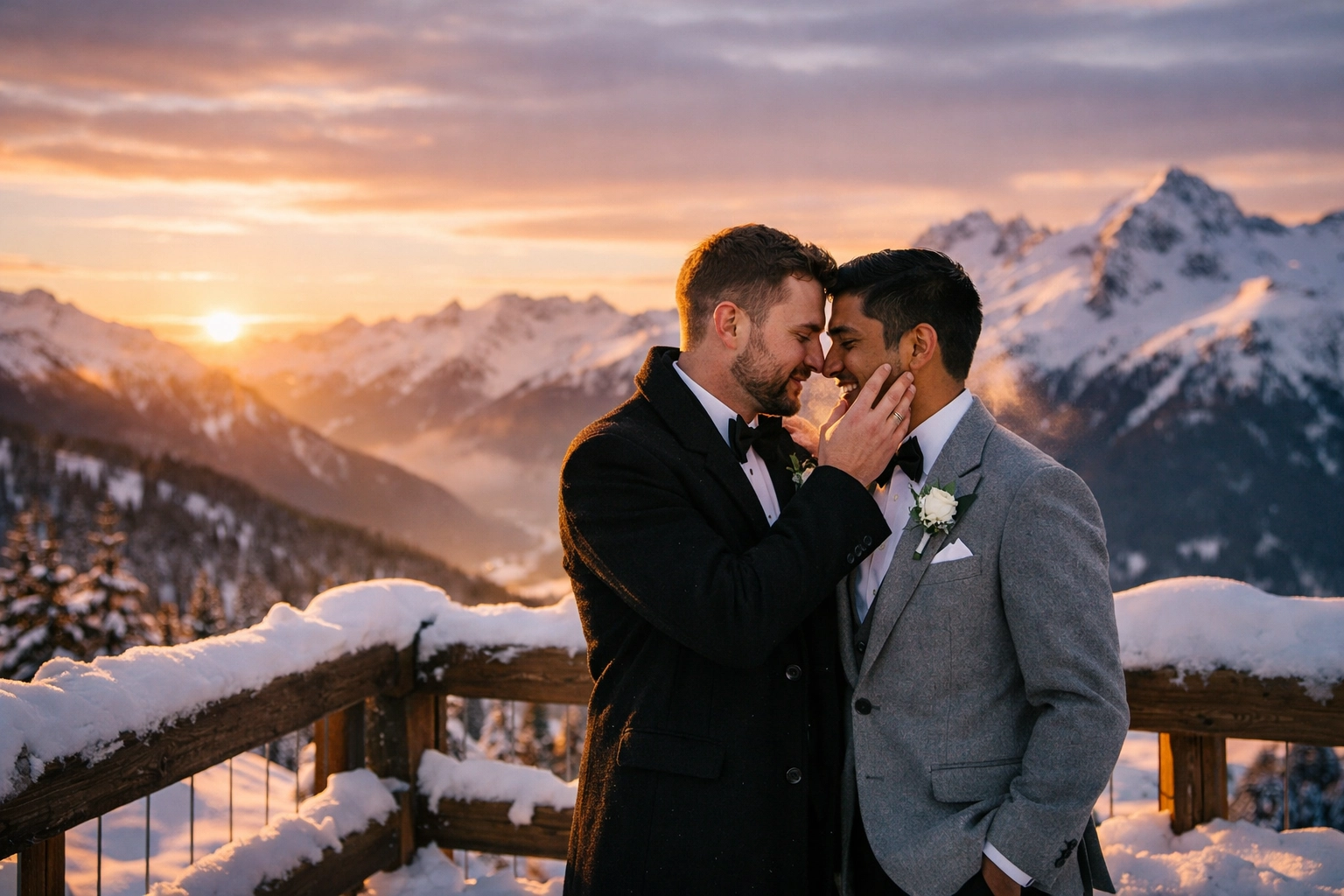 Two grooms share intimate moment on snowy Whistler mountain deck at golden hour, LGBTQ+ winter wedding venue