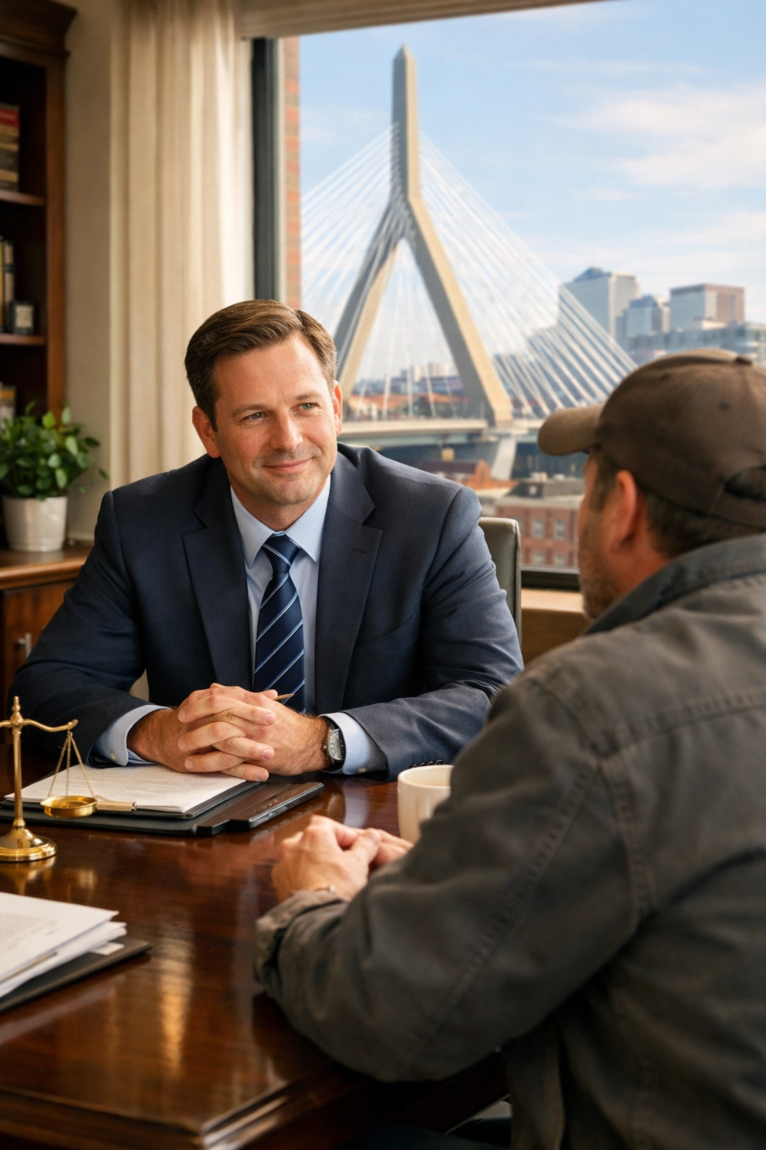 A Boston construction accident lawyer meeting with a client in a professional office to discuss a site injury claim.