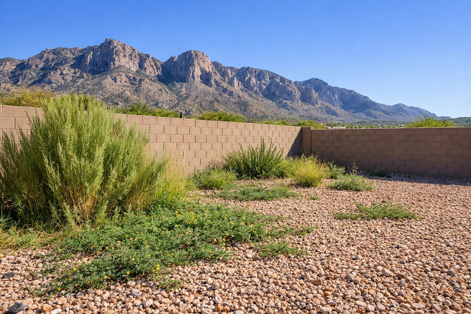 Invasive desert weeds in an Oro Valley gravel yard needing professional weed control services.