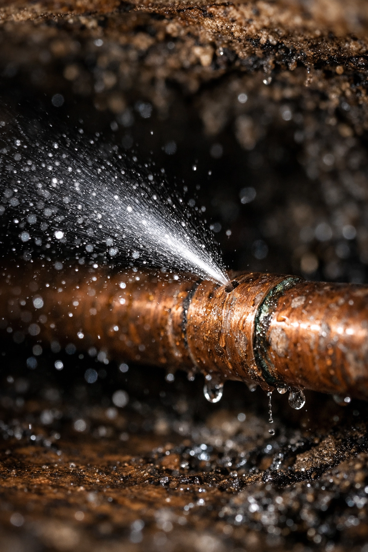 A leaking copper pipe in a crawlspace, an essential fix during water damage restoration.