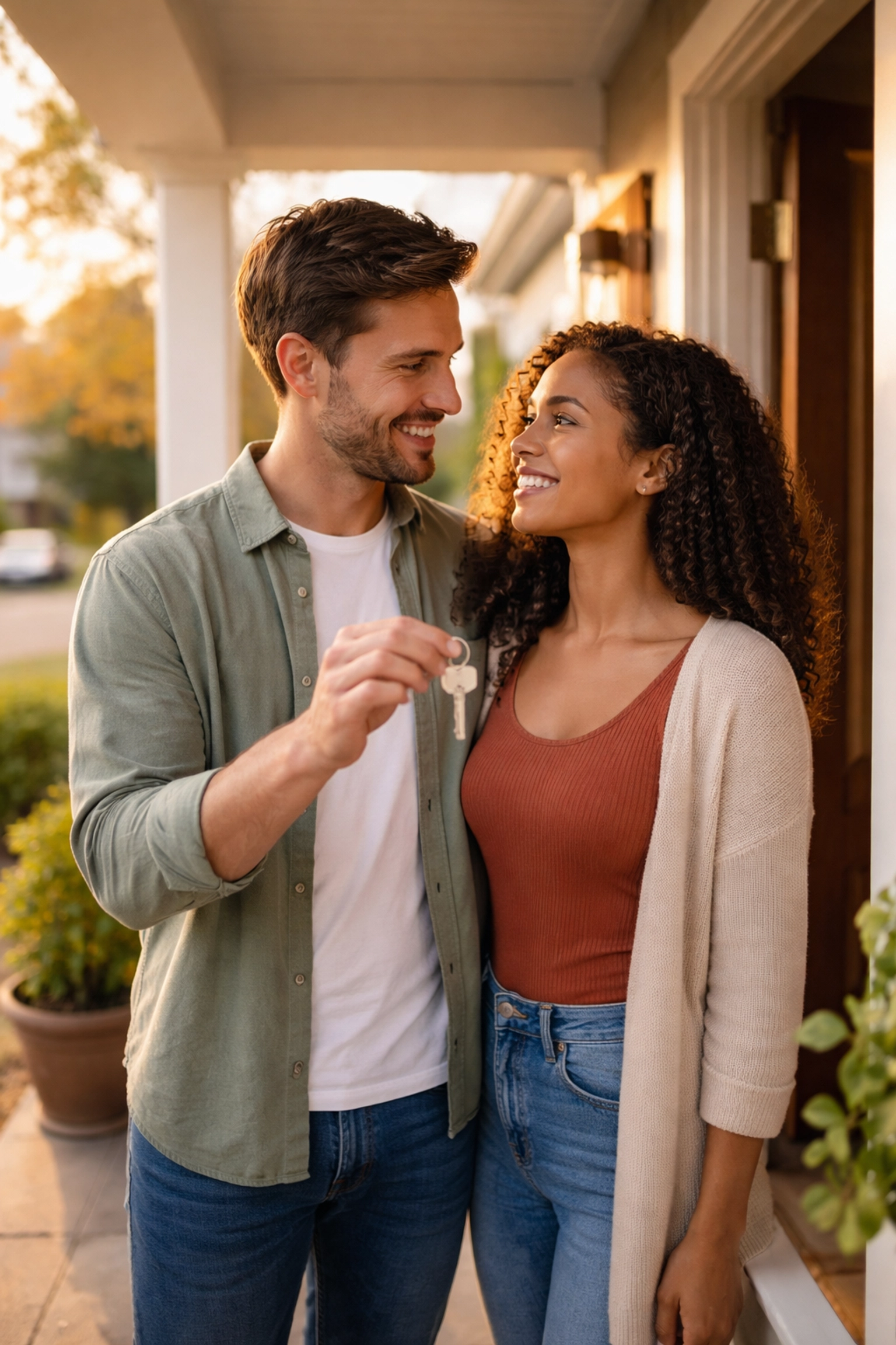 Happy couple smiling with new house keys on porch of their South Jersey home, symbolizing stress-free move Happy couple smiling with new house keys on porch of their South Jersey home, symbolizing stress-free move