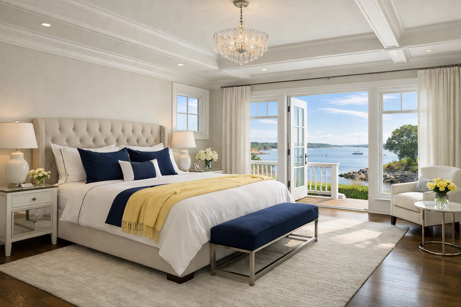 Serene waterfront master suite in Hingham showcasing luxury home maintenance results.