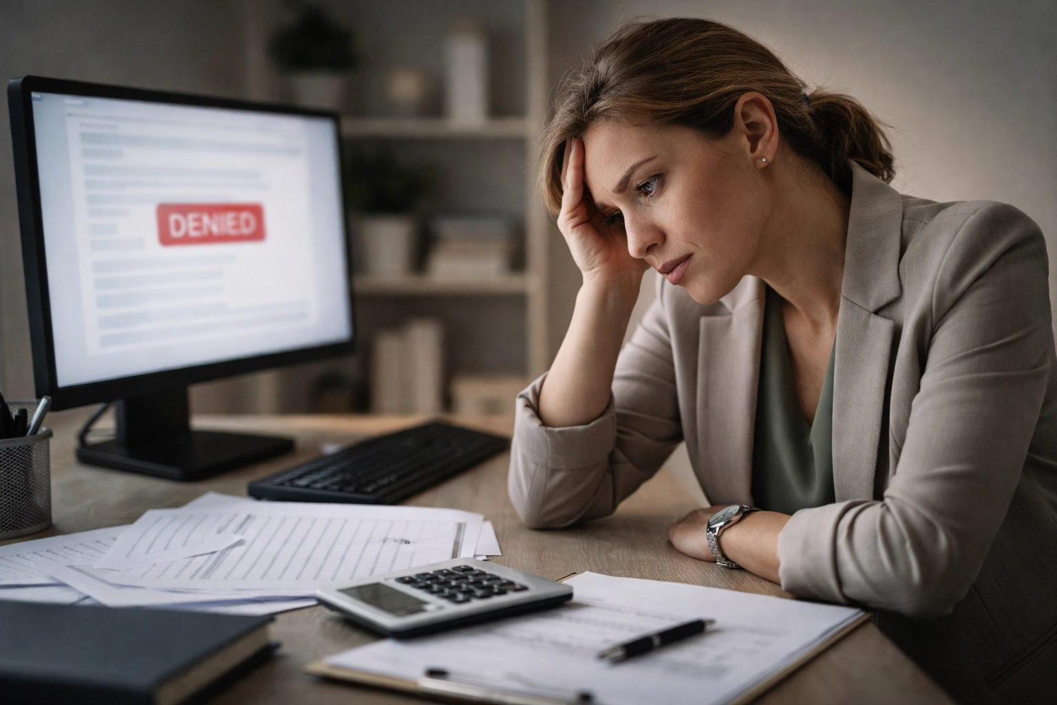 Frustrated therapist dealing with denied medical billing claims at office desk